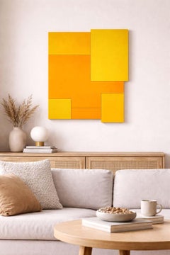 Acrylic on Wood Assemblage 38 x 50 Titled: “A.B.C.X" (multi Yellow)