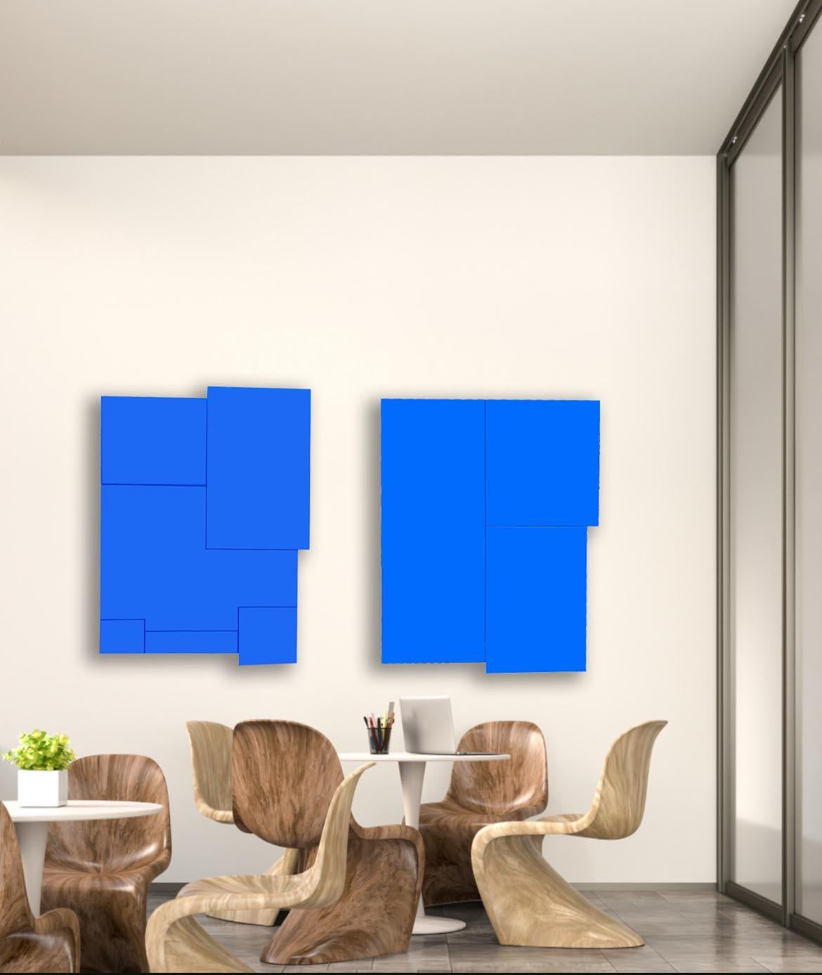Pair wood assemblage paintings  by artist William Finlayson 
(may be purchased separately as well) one is 36 x 48 and other is 38 x 48
Born in Tallahasee Fl, William started his artistic career as a color consultant for his family's Design and