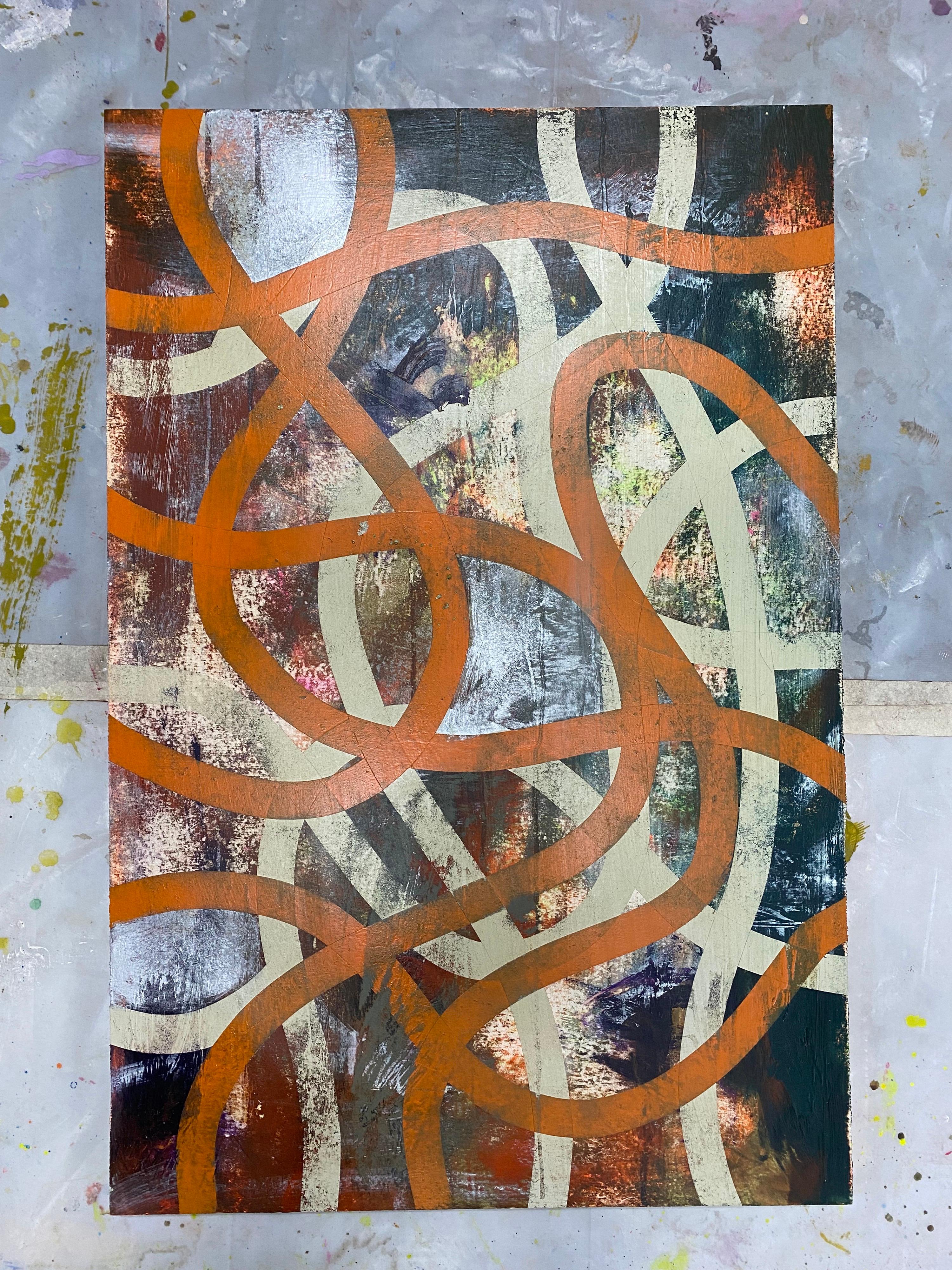 Original Mixed Media Painting on Panel “Burnt Orange Ribbons” For Sale 2
