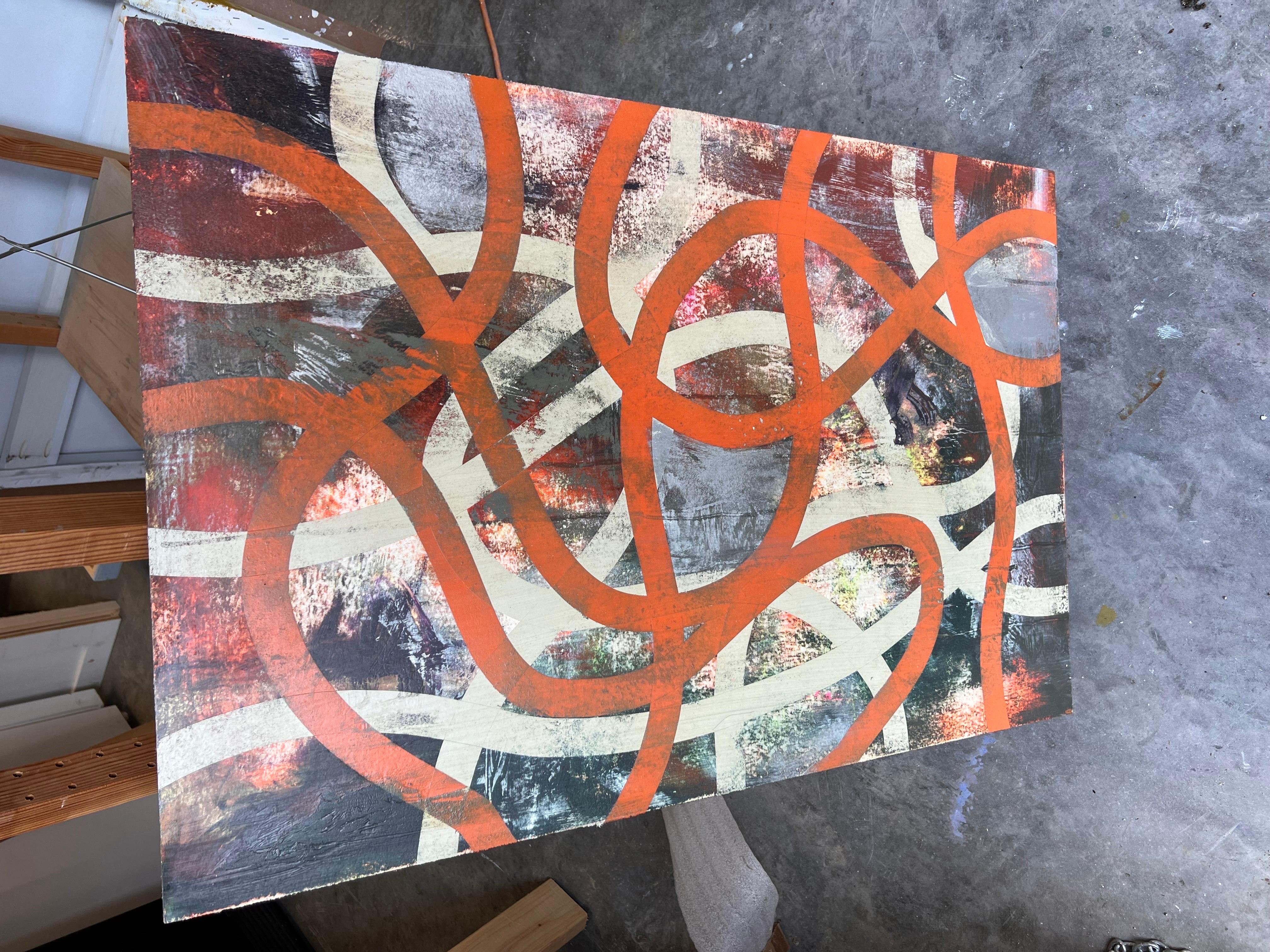 Original Gemälde in Mischtechnik auf Täfelung, gebrannte orangefarbene Bänder im Angebot 1