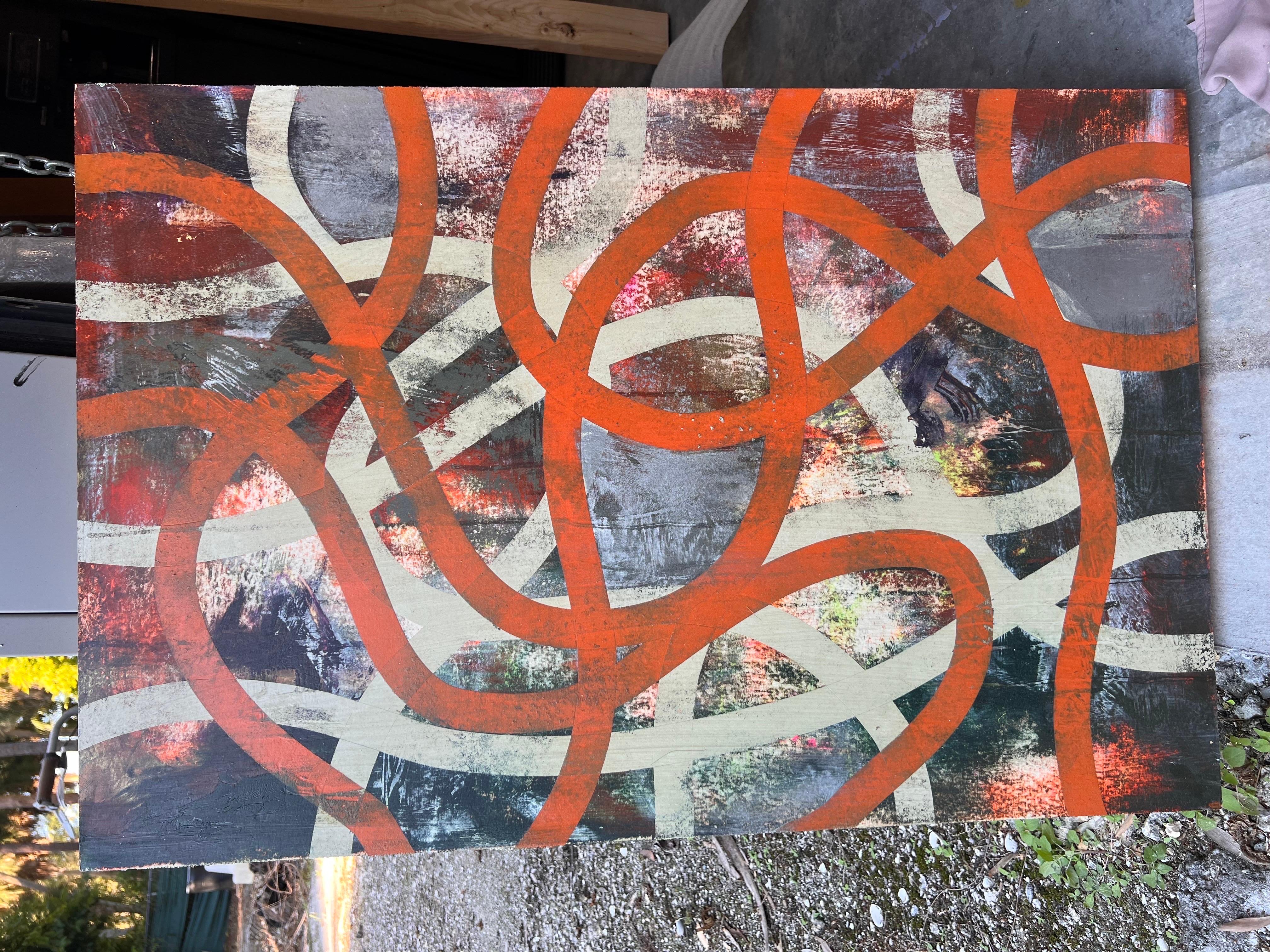 Original Gemälde in Mischtechnik auf Täfelung, gebrannte orangefarbene Bänder im Angebot 4