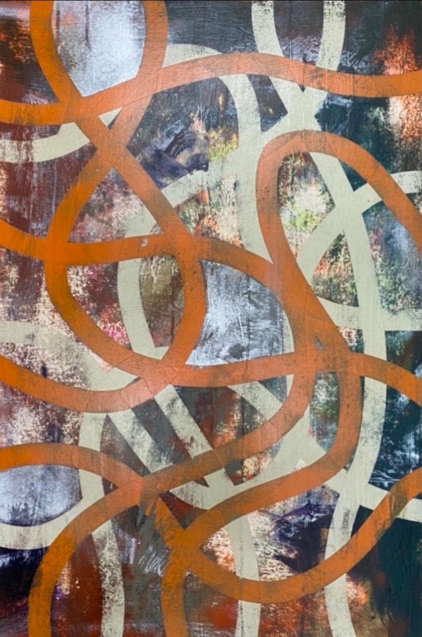 William Finlayson Abstract Painting – Original Gemälde in Mischtechnik auf Täfelung, gebrannte orangefarbene Bänder