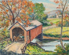 New England Country Side Covered Bridge Painting by Maine artist William Fisher