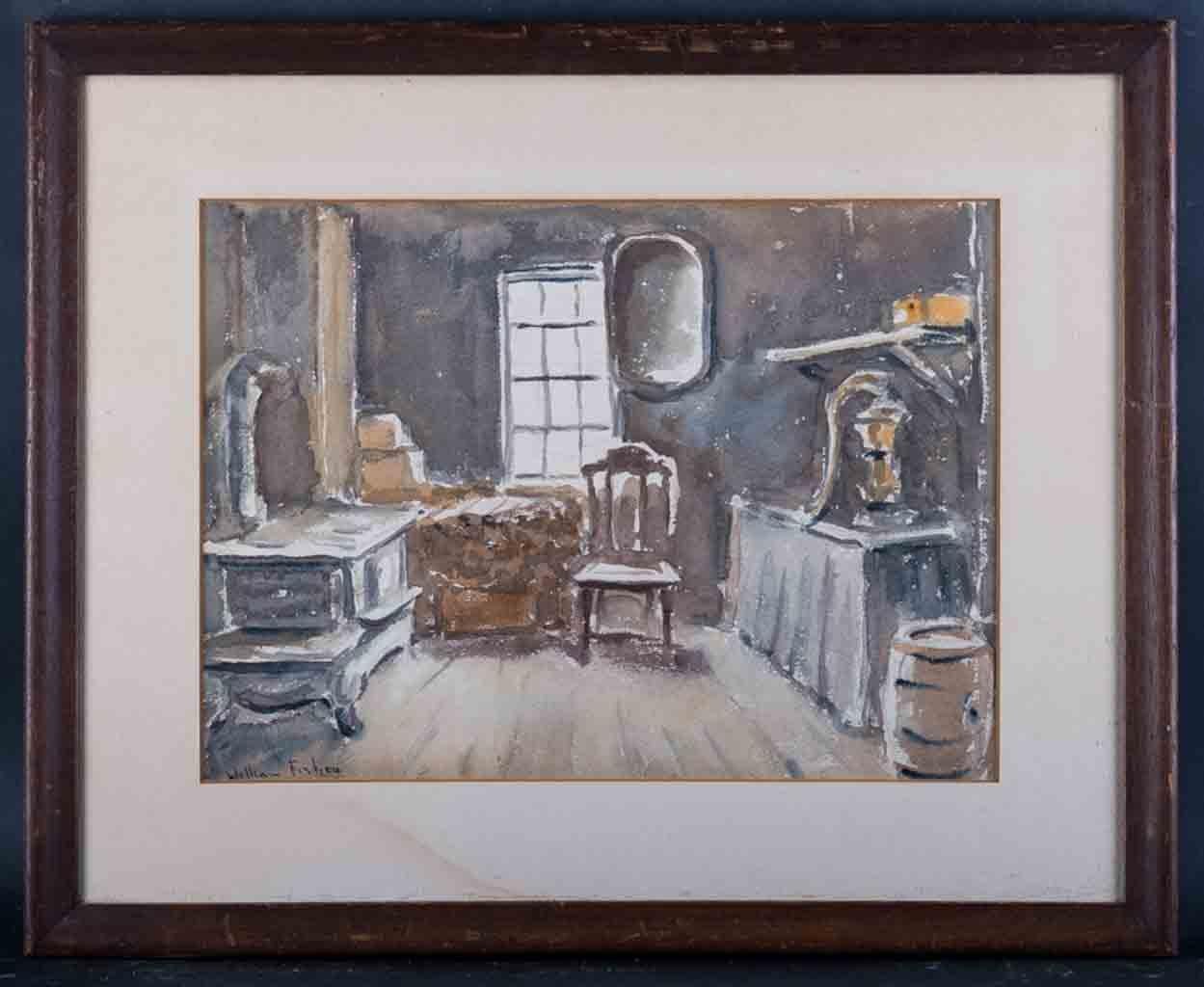 Title: Interior Scene
 Medium: Watercolor on paper
 Style: Impressionist
 Size: 11"" x 15""
 Frame Size: 18"" x 22""
 Age: 1940s
 Signature: William Fisher

Artist: William Fisher  (1891 - 1985)
William Fisher was active/lived in New York, Maine. 