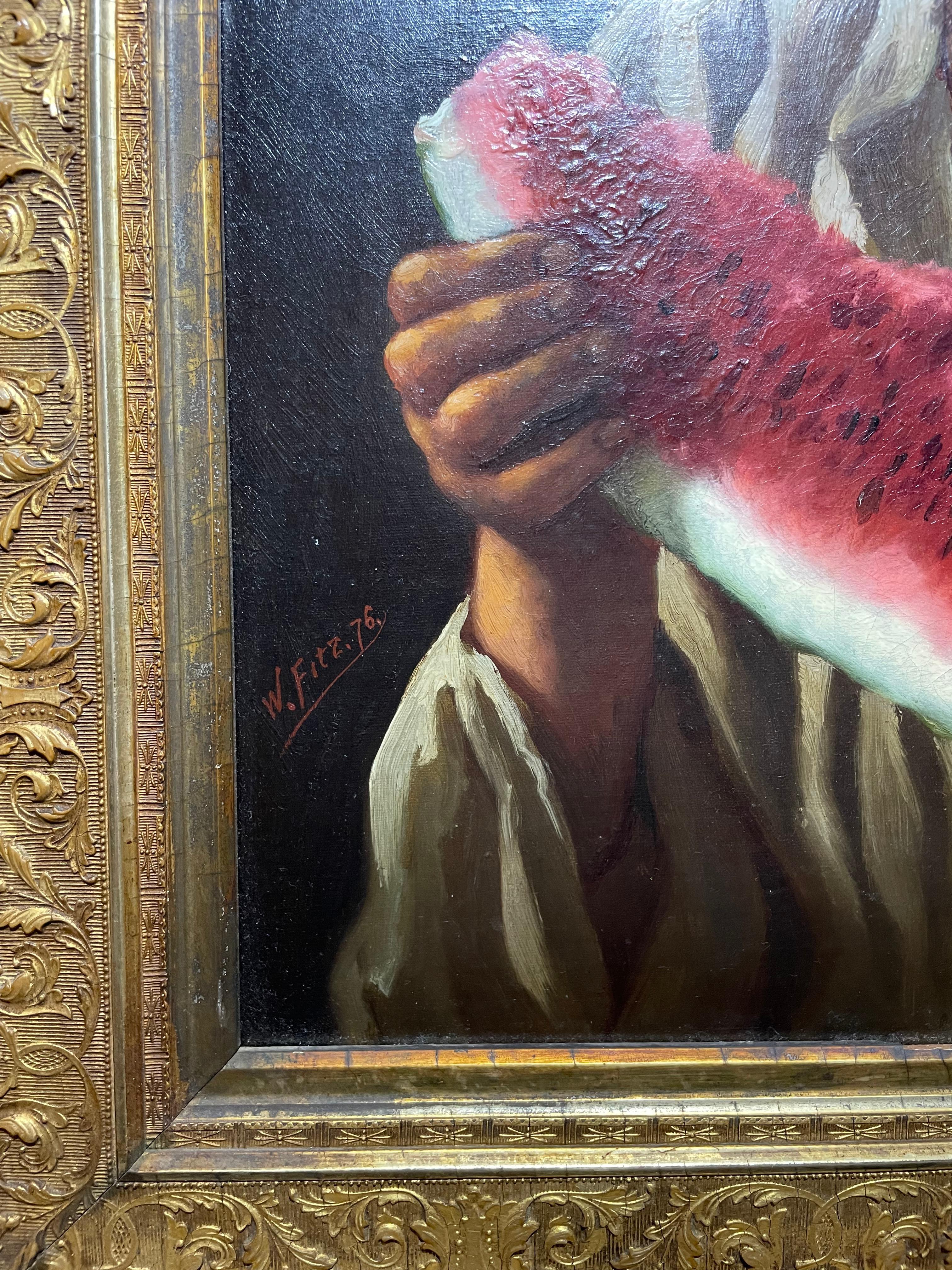 Realist 1876 Americana Portrait Southern Boy w/ Straw Hat Eating Watermelon  - Hudson River School Painting by William Fitz