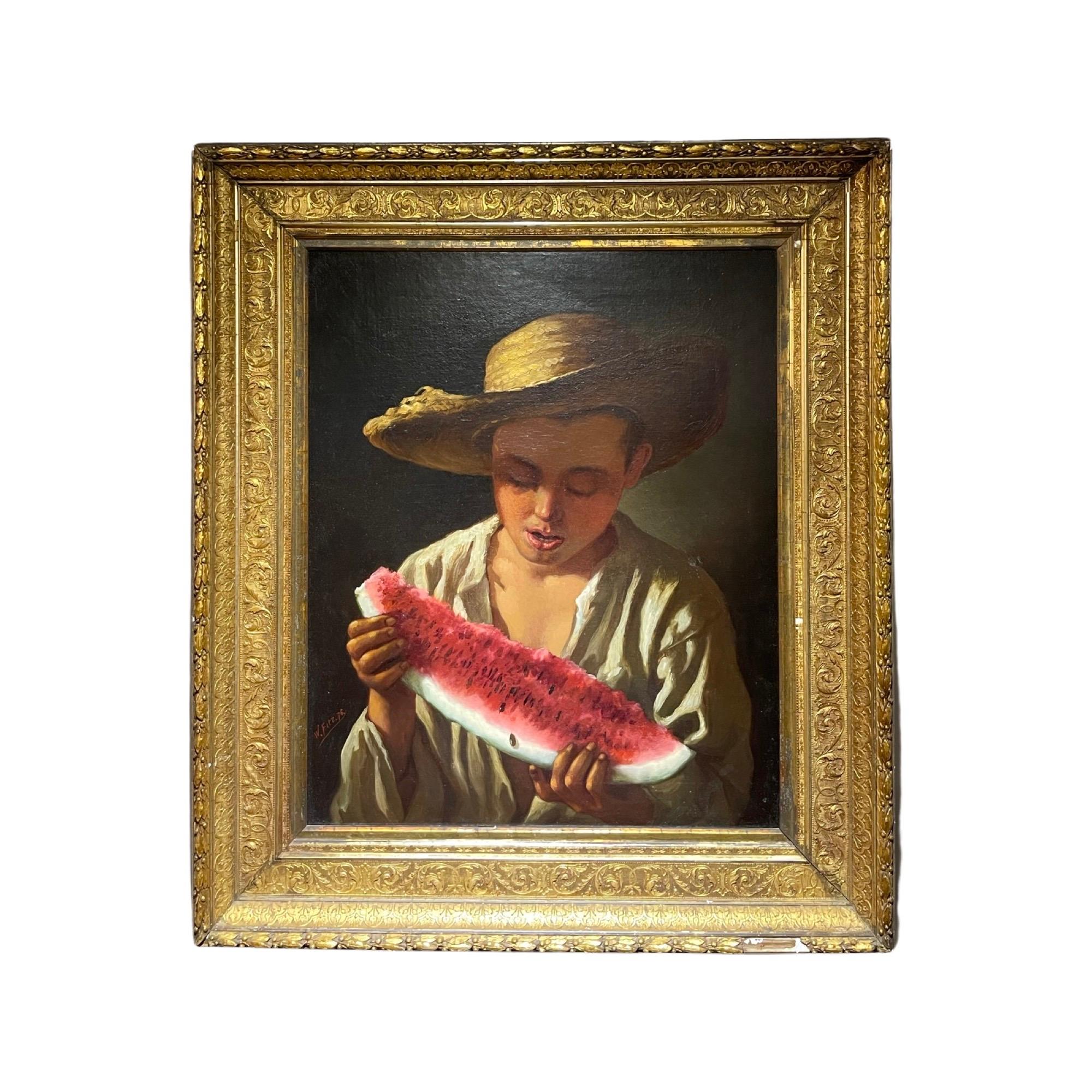 Portrait réaliste américain d'un garçon du Sud avec chapeau en paille mangeant de la melon d'eau, 1876  - Painting de William Fitz