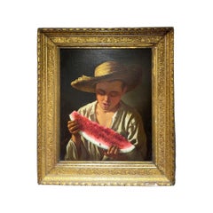 Antique Realist 1876 Americana Portrait Southern Boy w/ Straw Hat Eating Watermelon 