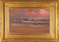 "Onde che si infrangono al tramonto" William Formby Halsall, Drammatico paesaggio marino rosa al tramonto