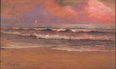 "Crash Waves at Sunset" William Formby Halsall, paysage marin dramatique au coucher de soleil rose