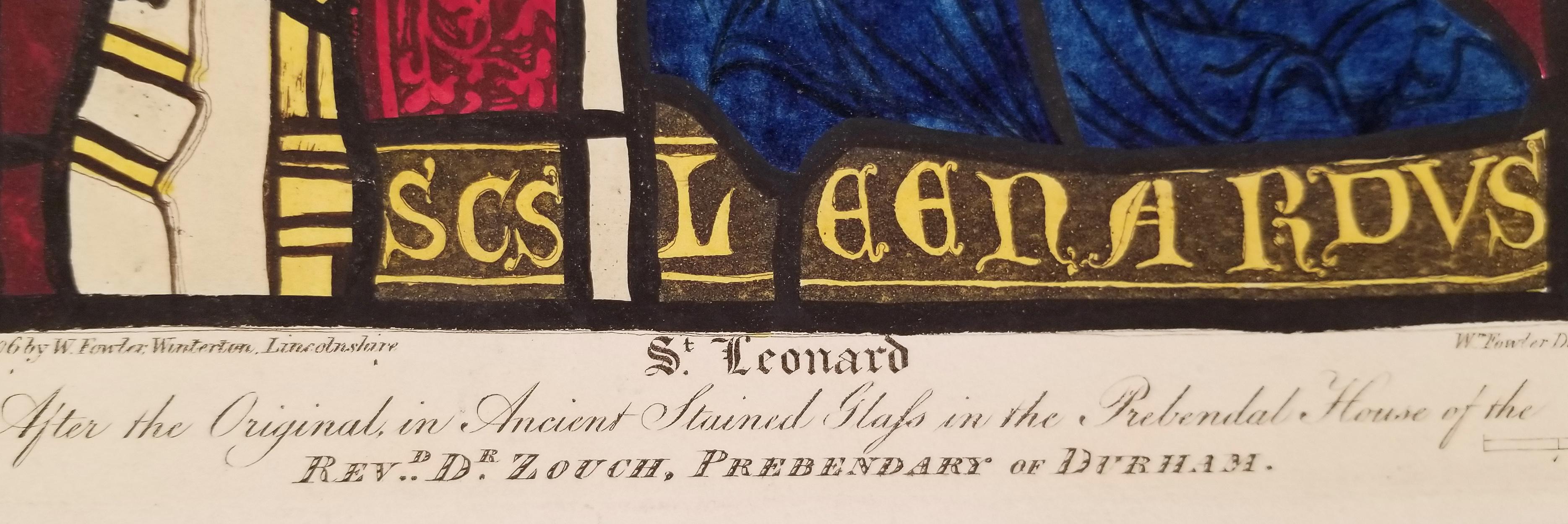 Original hand-colored engraving, engraved and published by William Fowler in 1806 depicting St. Leonard in stained glass in the Prebendal House of the Reverend De Zouch.

The title reads: 