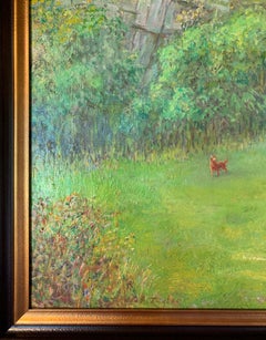 Backyard Scene with Woman and Dogs, Impressionist Landscape of Figure and House