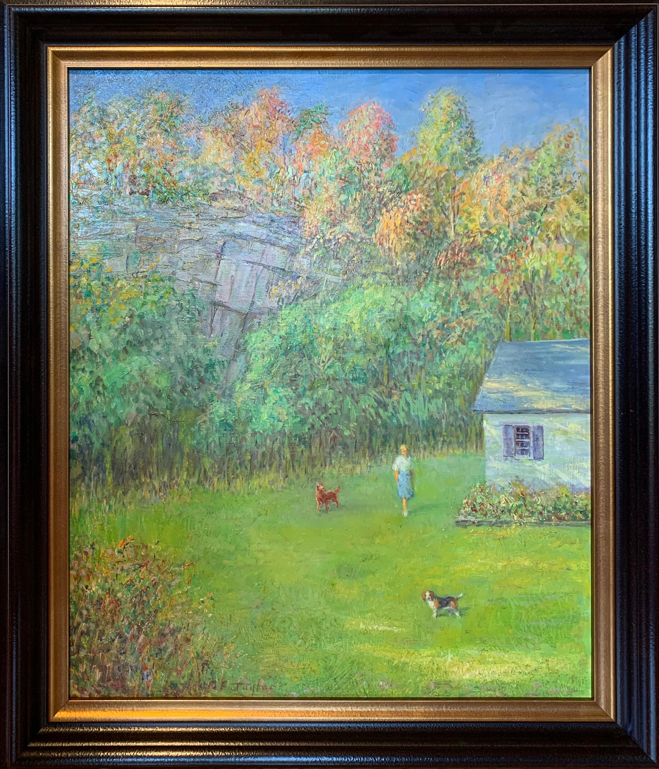 Backyard Scene with Woman and Dogs, Impressionist Landscape of Figure and House