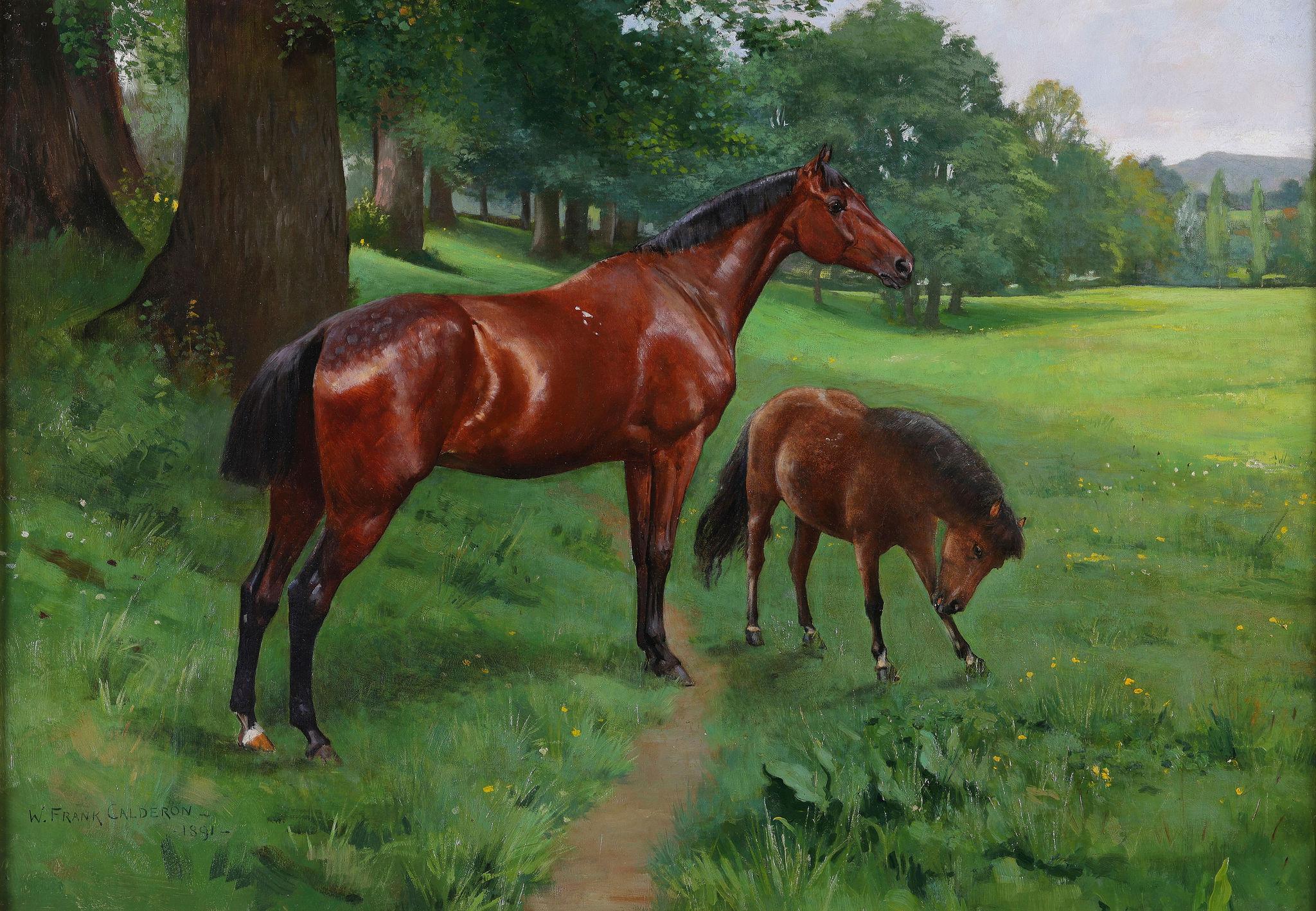 Un cheval de course avec un cheval de compagnie. Peinture à l'huile sur toile - Painting de William Frank Calderon