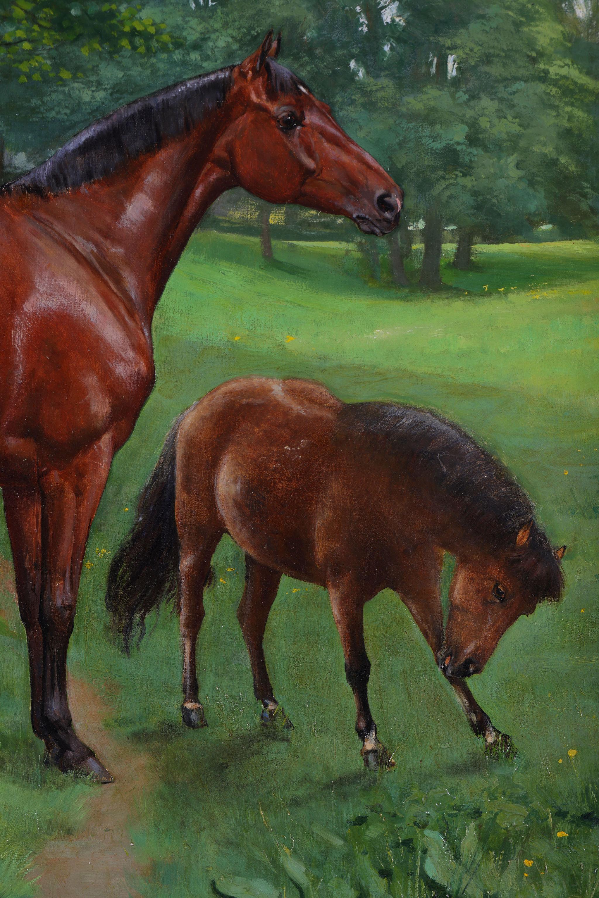 Un cheval de course avec un cheval de compagnie. Peinture à l'huile sur toile - Noir Landscape Painting par William Frank Calderon