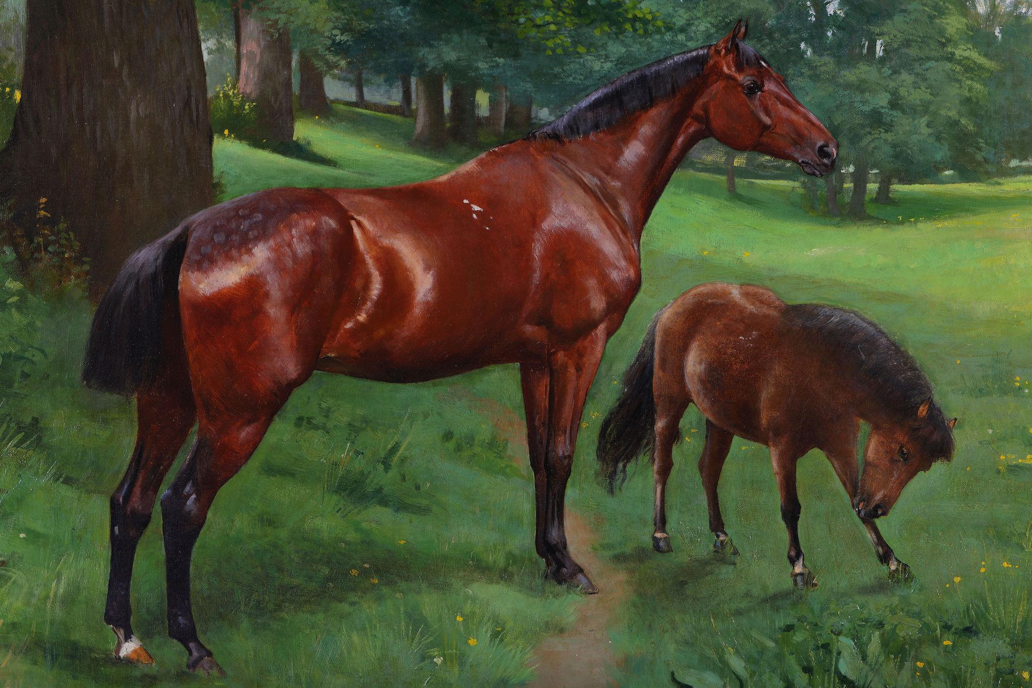 Un cheval de course avec un cheval de compagnie. Peinture à l'huile sur toile en vente 1