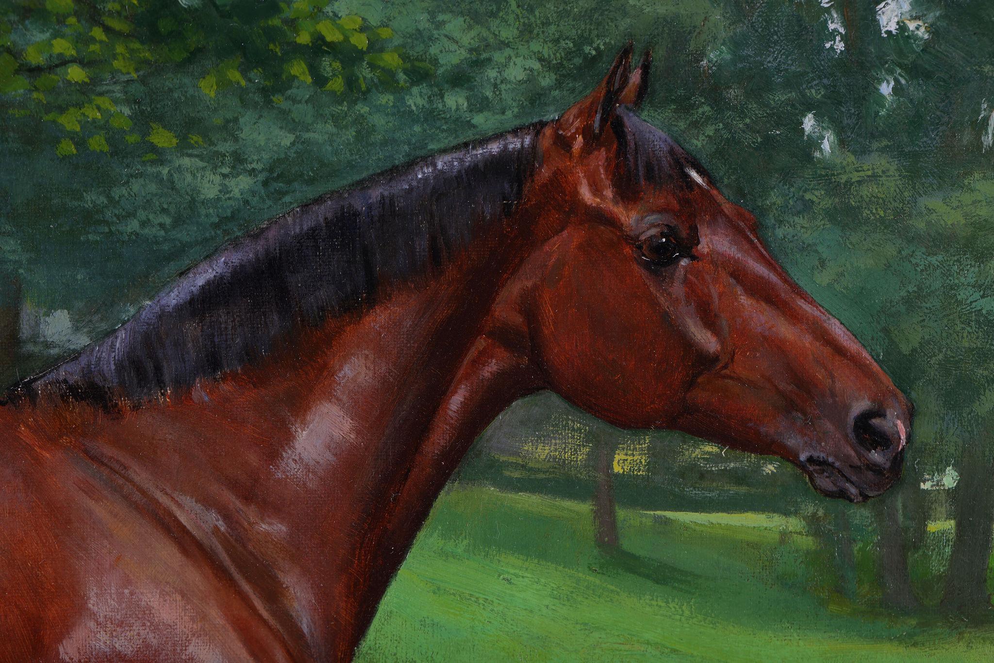 Un cheval de course avec un cheval de compagnie. Peinture à l'huile sur toile en vente 2