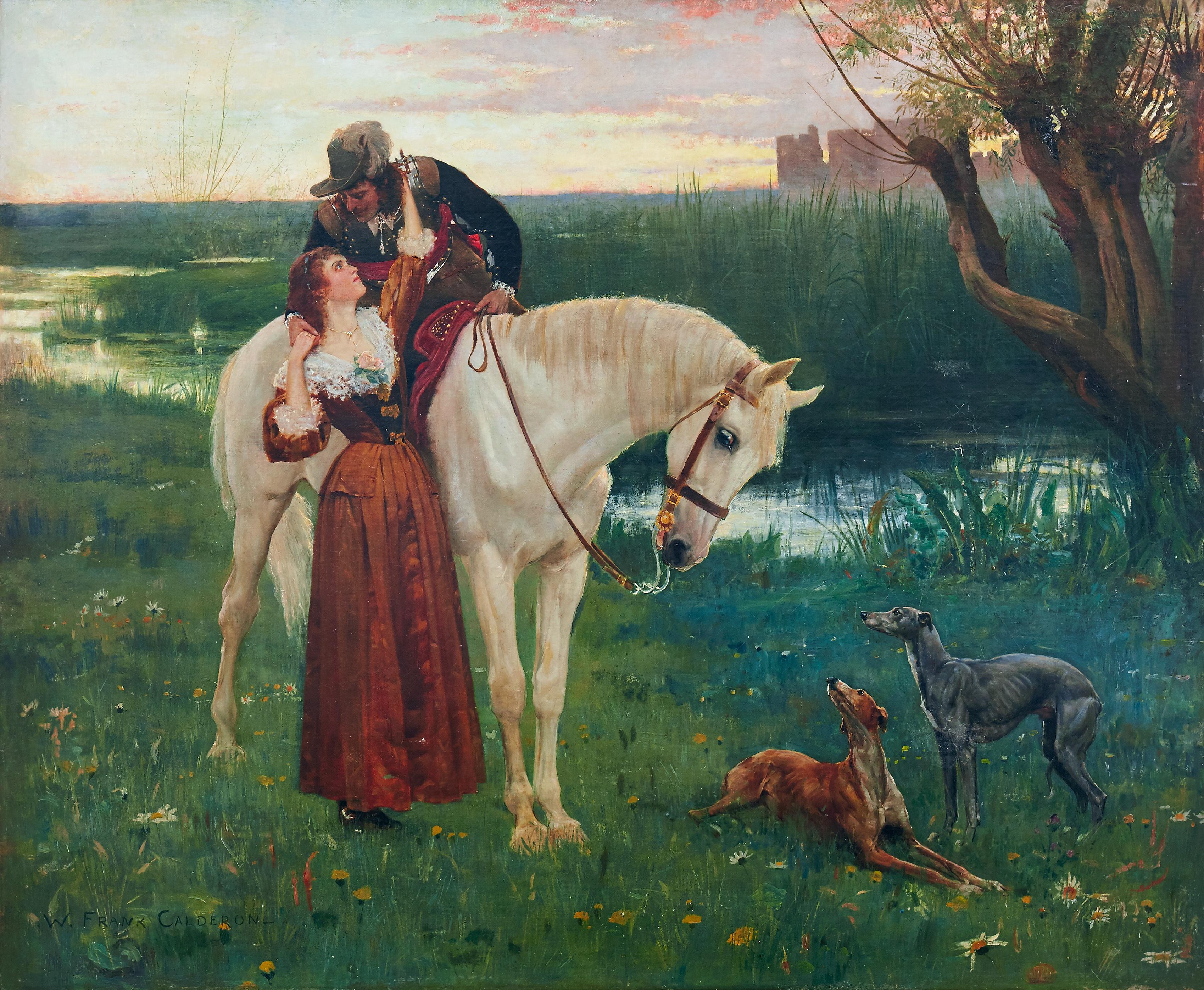 Peinture à l'huile The Girl in The Red Dress de William Frank Calderon (1865-1943) en vente 1