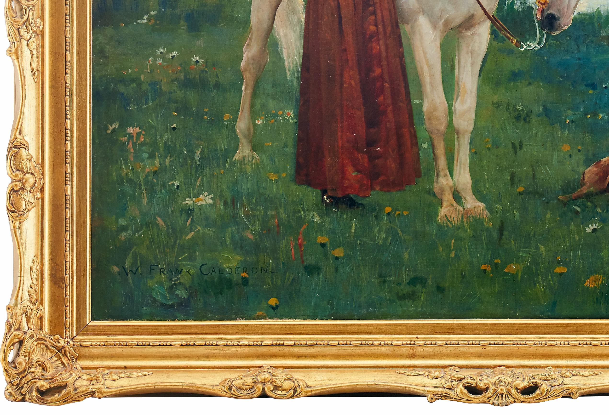 Peinture à l'huile The Girl in The Red Dress de William Frank Calderon (1865-1943) en vente 2