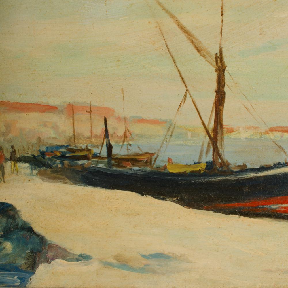 Black sailboat in harbor with red stripe - Oil on board, signed lower right - Framed dimensions: 19.25 in x 15.25 in.
  