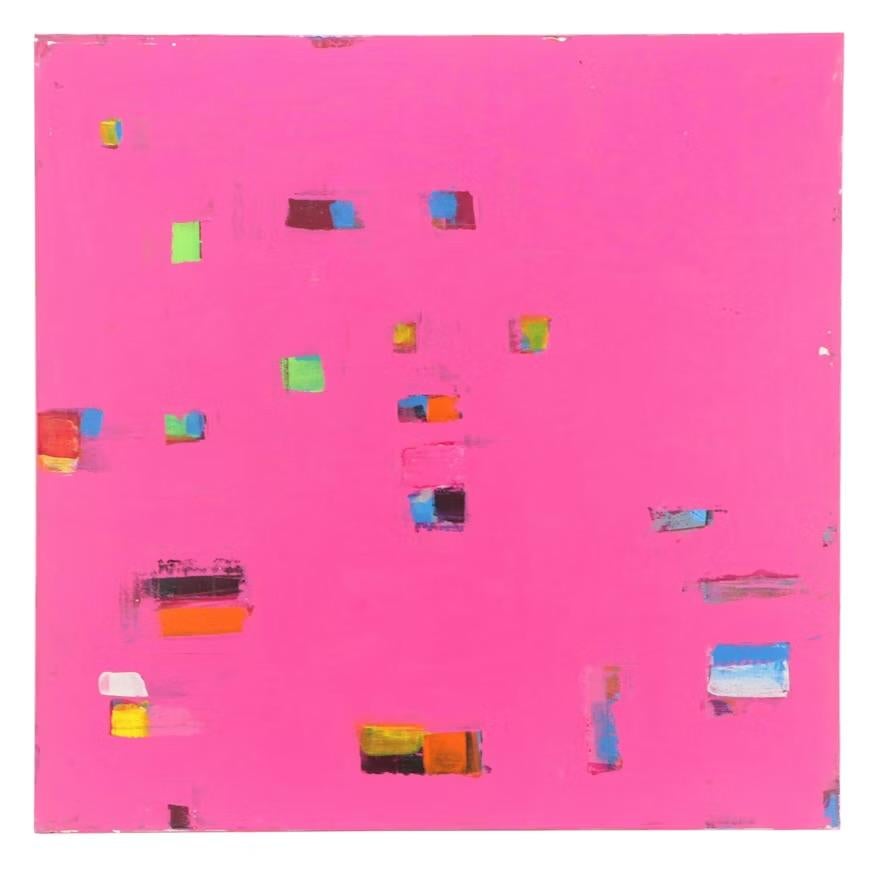 Pair of striking pink expressionistic diptych  paintings by William Fred Arrowood. Pink base color with abstract rectangular small boxes of primary color, yellow, blue, white, black, green and violet. Canvases are stretch on wood frames with no