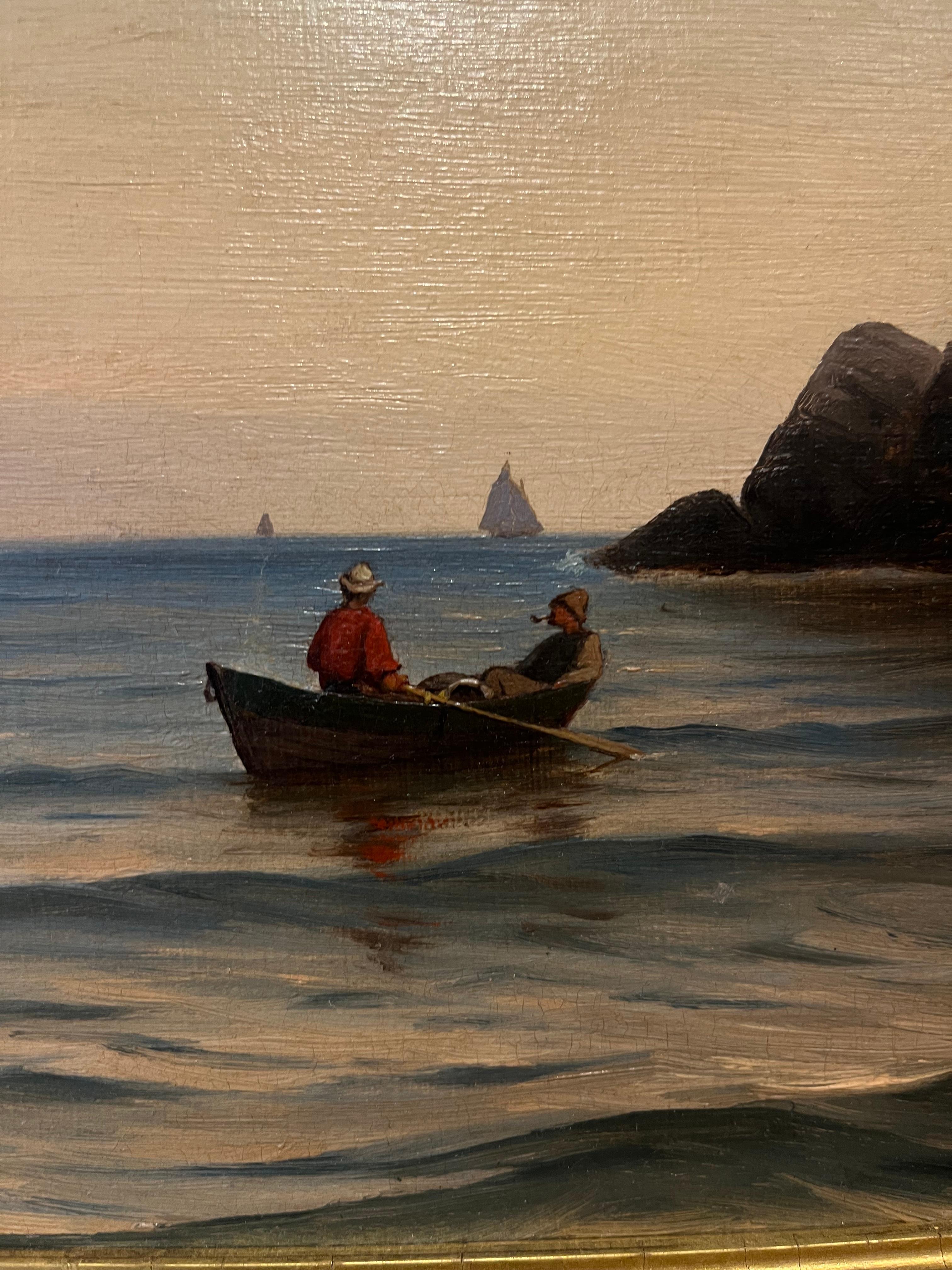 This coastal landscape is done by the famed painted William Frederick De Haas (1830-1880). This painting shows two men in a canoe paddling off the cliff shore in the foreground with sailboats in the background. The way that this painting captures