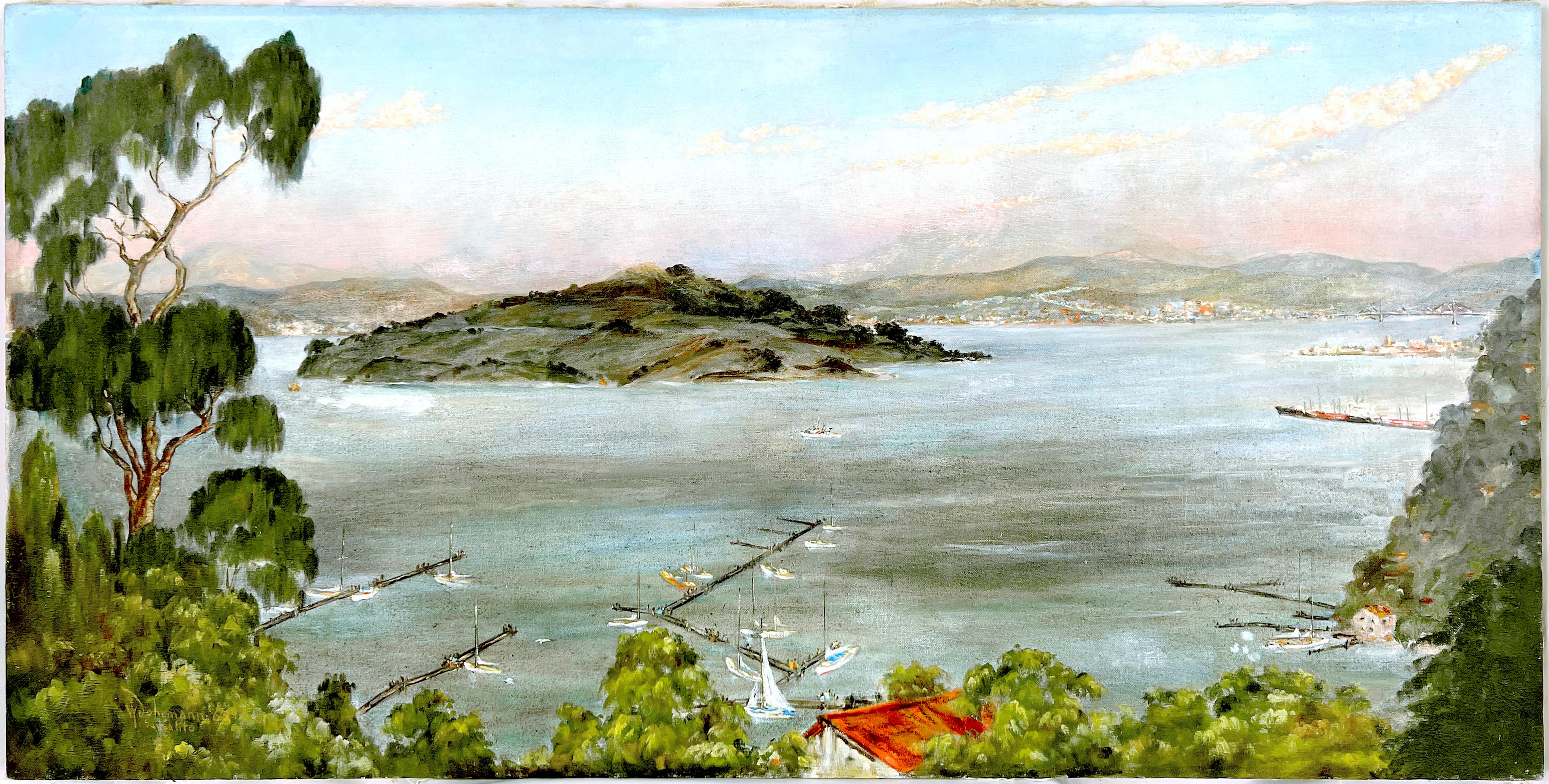 William Frederick Dohrmann Figurative Painting - "Sausalito" Harbor and Angel Island Mountains - Sail Boats - Oil on Canvas 1963