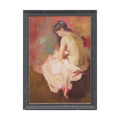 "Mary on the Bath" Impressionist Peach-Toned Nude Female Portrait Painting 