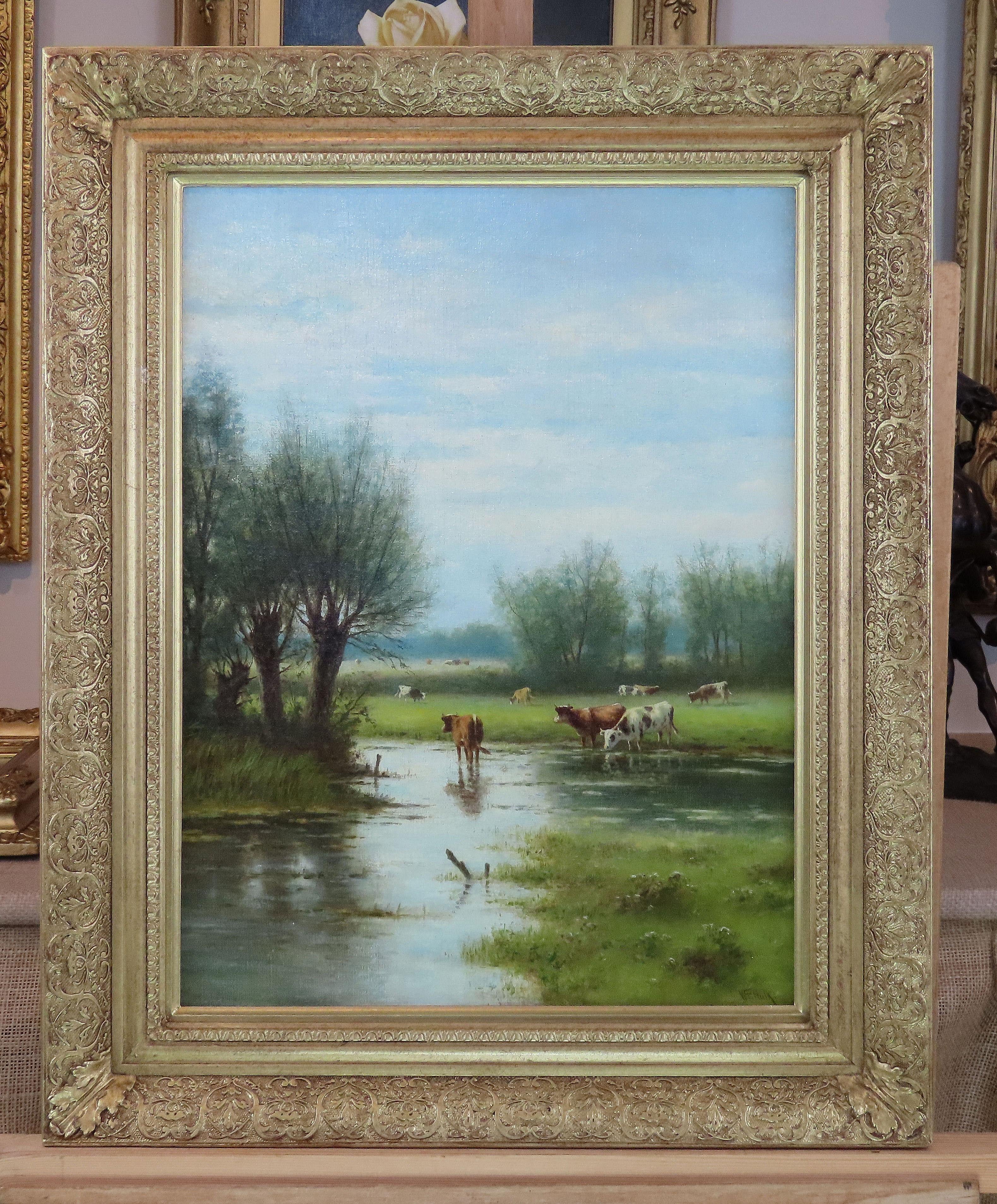 Original Ölgemälde auf Karton, William Frederick Hulk , „Kattle in Meadow“, Öl im Angebot 1