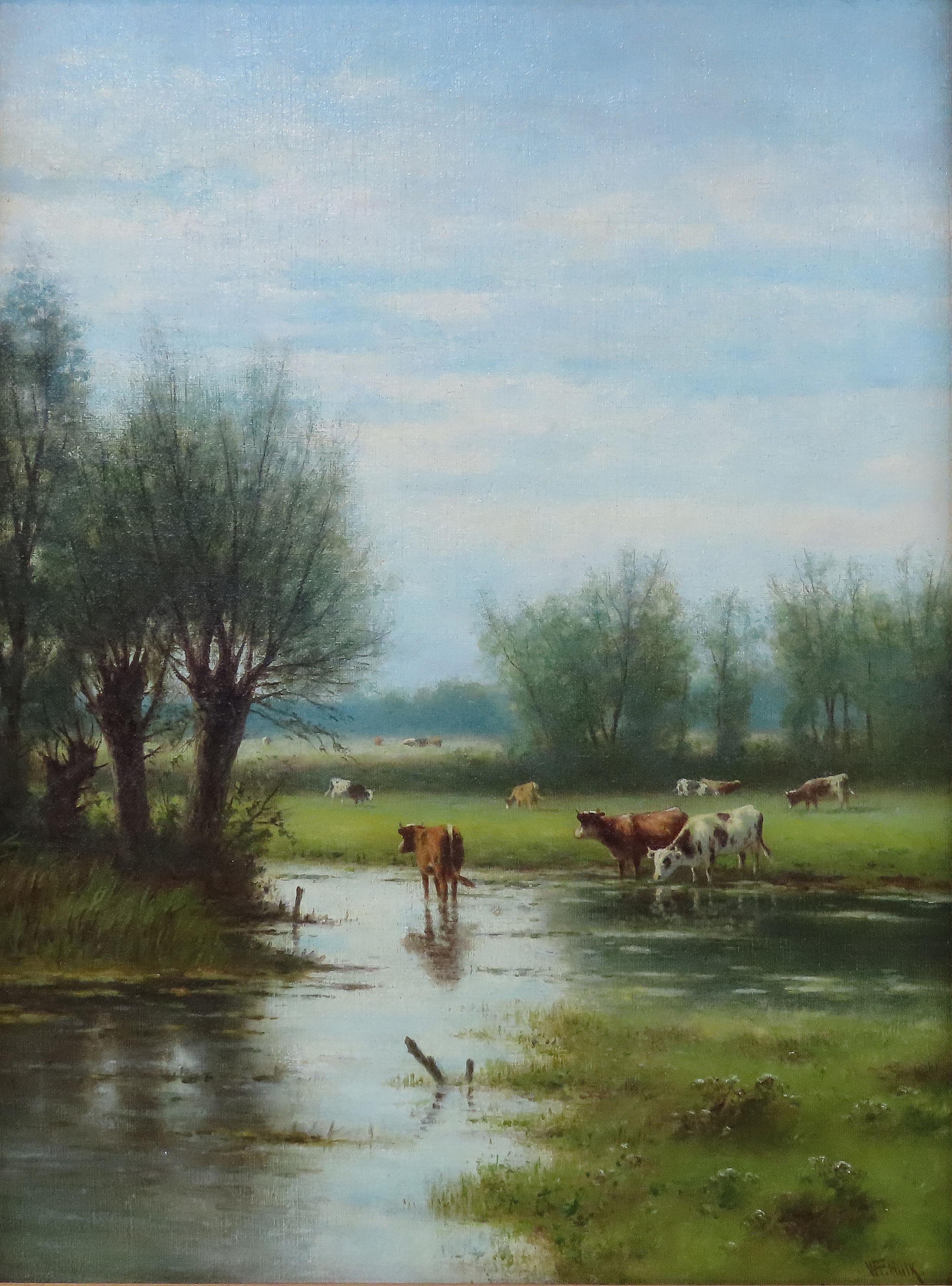 Original Ölgemälde auf Karton, William Frederick Hulk , „Kattle in Meadow“, Öl im Angebot 2
