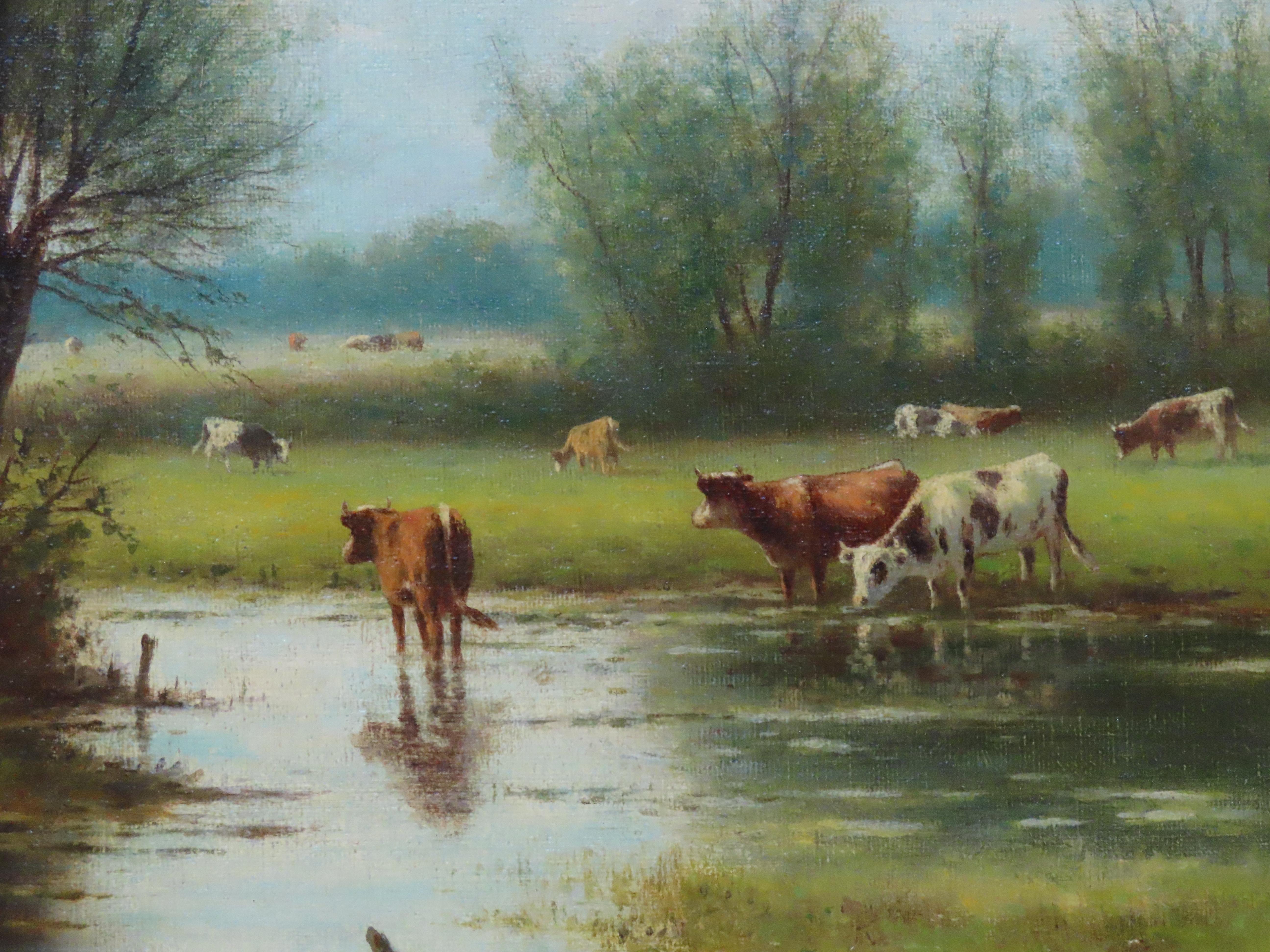 Original Ölgemälde auf Karton, William Frederick Hulk , „Kattle in Meadow“, Öl im Angebot 4