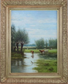 Óleo original sobre tabla, William Frederick Hulk , "Ganado en el prado"