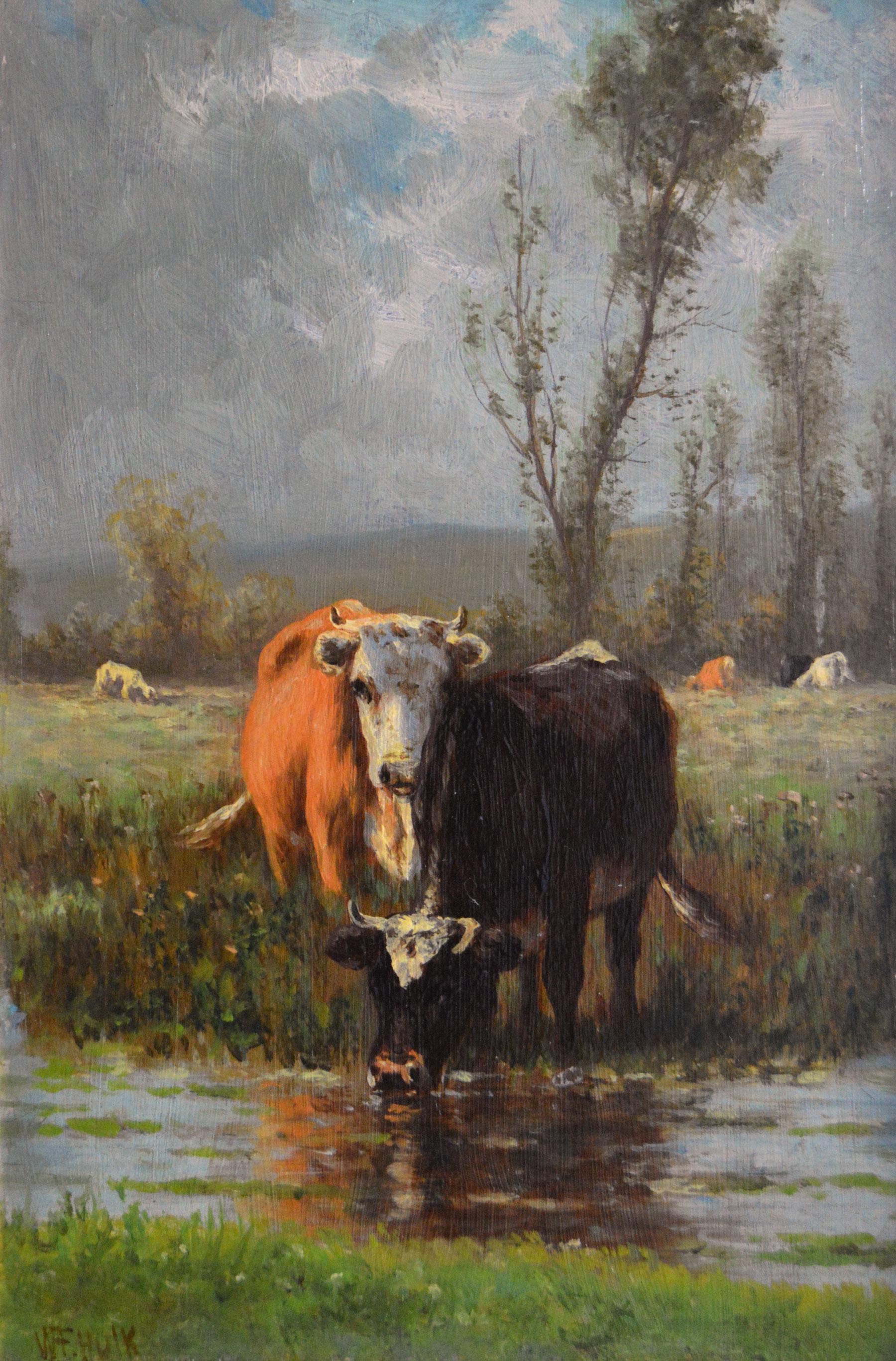 Paysage hollandais du 19e siècle, peinture à l'huile représentant du bétail au bord d'une rivière - Painting de William Frederick Hulk