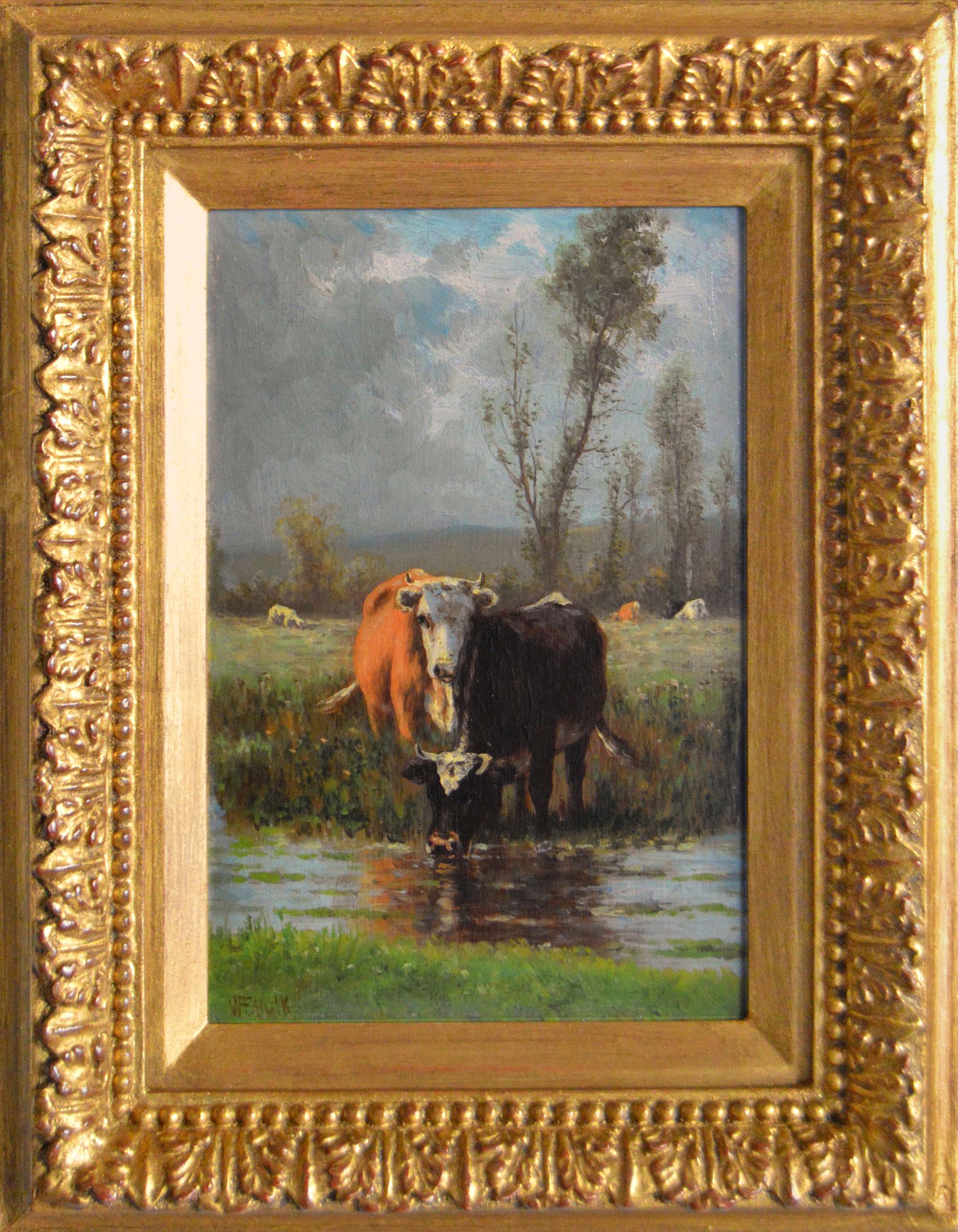 Animal Painting William Frederick Hulk - Paysage hollandais du 19e siècle, peinture à l'huile représentant du bétail au bord d'une rivière