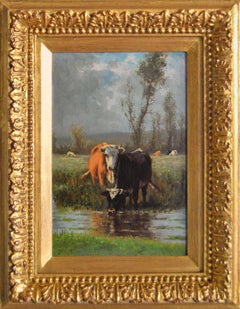 Paysage hollandais du 19e siècle, peinture à l'huile représentant du bétail au bord d'une rivière