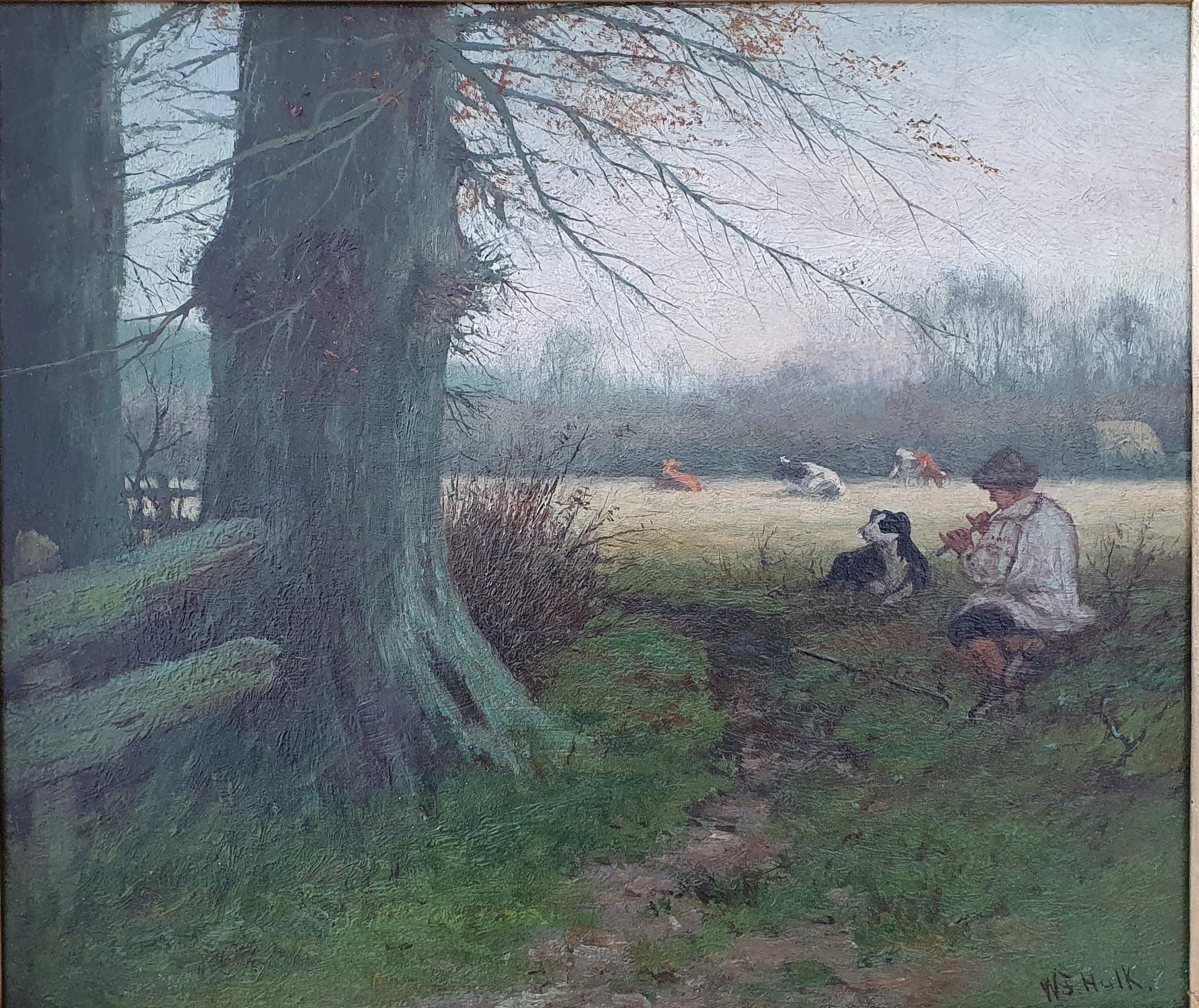 A lovely landscape painting by William Frederick Hulk ( Amsterdam 1852- London 1922) . Depicted is a herdsboy playing the flute accompanied by his dog sitting near a huge beech tree at dawn. In the distance a meadow with cows. William Frederick