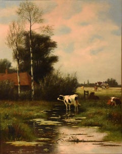 Oil Painting by William Frederick Hulk "A Surrey meadow, cattle and Sheep"