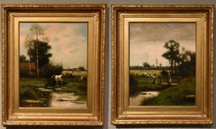 Oil Painting by William Frederick Hulk "A Surrey meadow, cattle and Sheep"