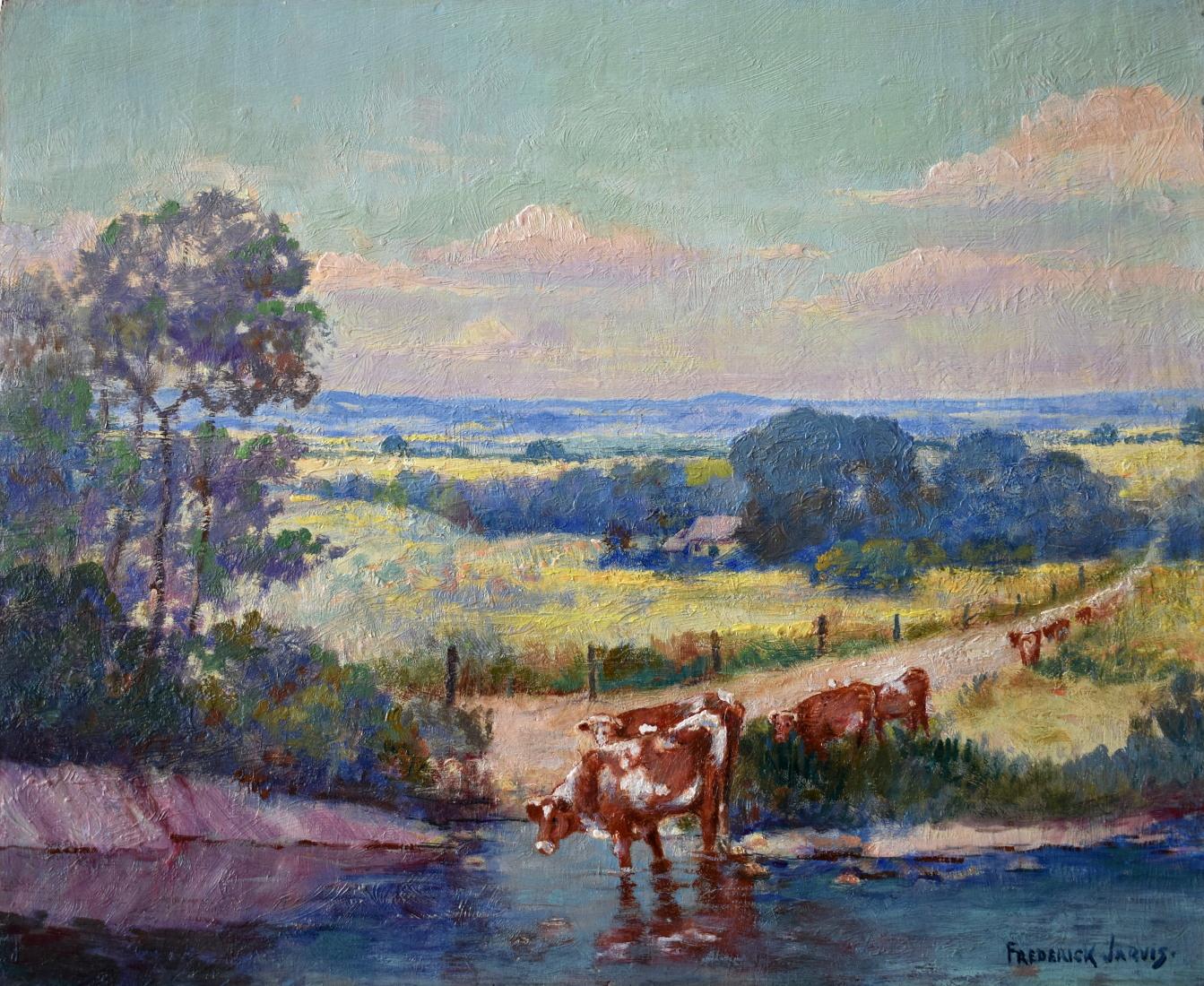 William Frederick Jarvis Landscape Painting - "Cattle Ranch"  Texas Landscape Ranch Scene