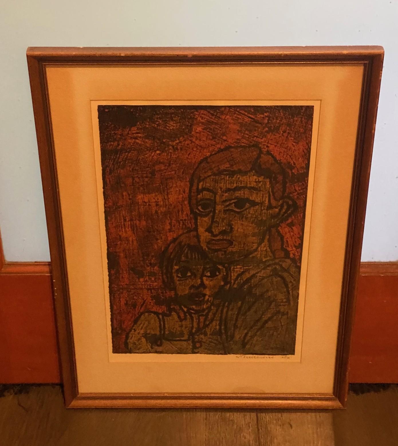 A wonderful and quite engaging encaustic painting (the process of which heated wax is mixed with paint to provide texture and expanded color range) by Norwegian born American artist William Fredericksen (1914 - 2010).  The piece is titled 