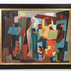 Dipinto ad olio su tela raffigurante un palcoscenico in stile Art Déco, firmato William Freed