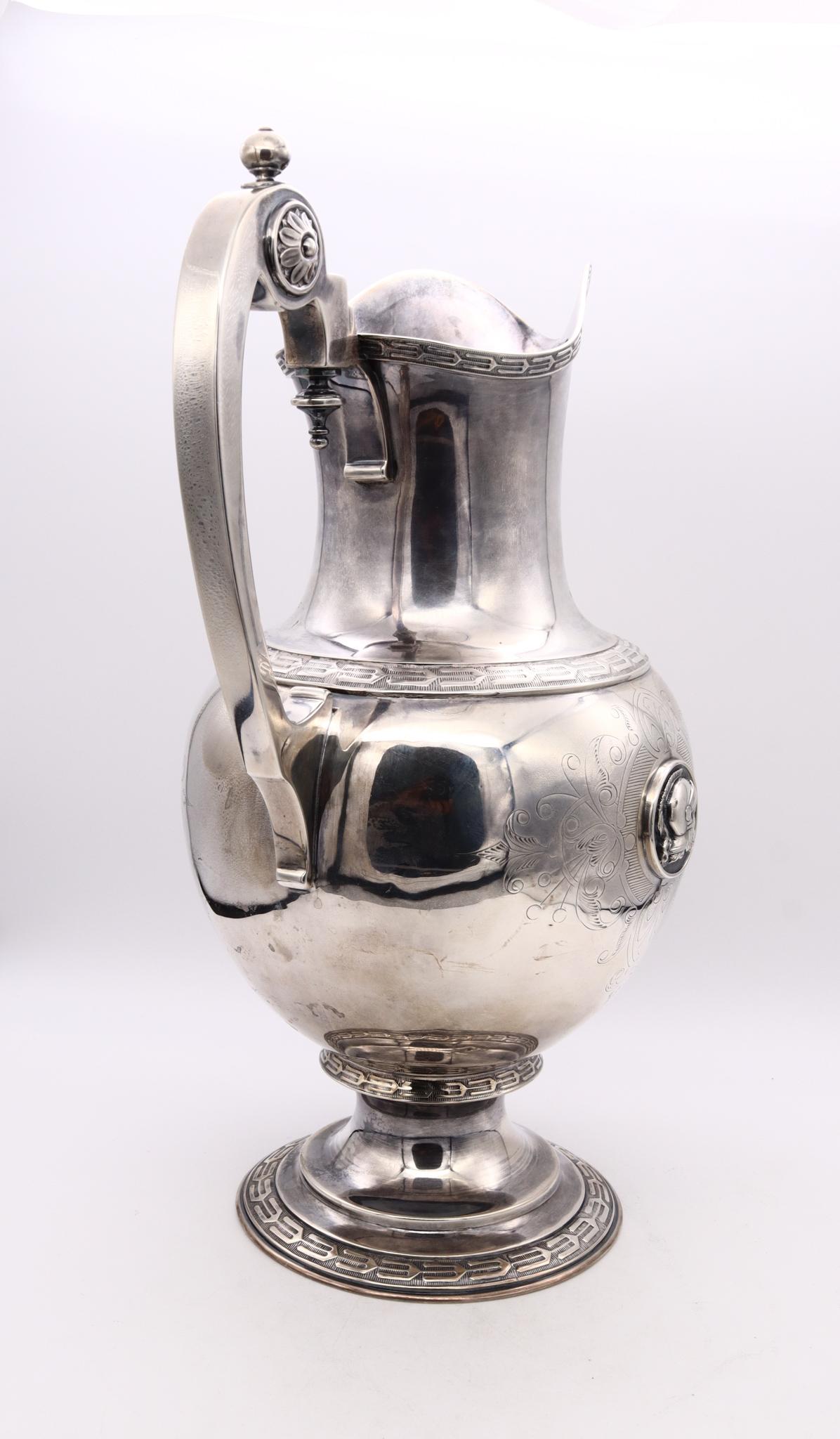 American William Gale & Son 1856 New York Etruscan Medallion Wine Pitcher Ewer Sterling For Sale