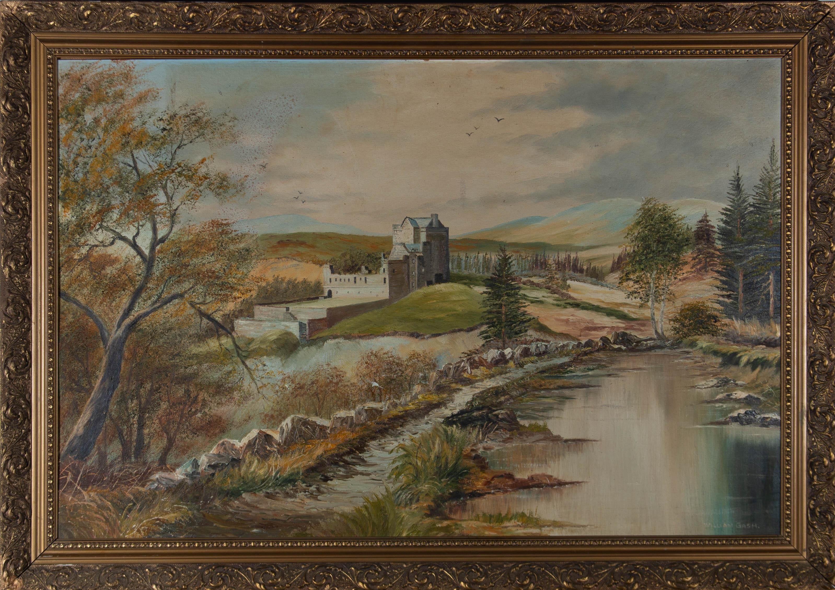A landscape depicting a Scottish castle. Presented in an ornate gilt-effect wooden frame. Signed to the lower-right edge. On board.
