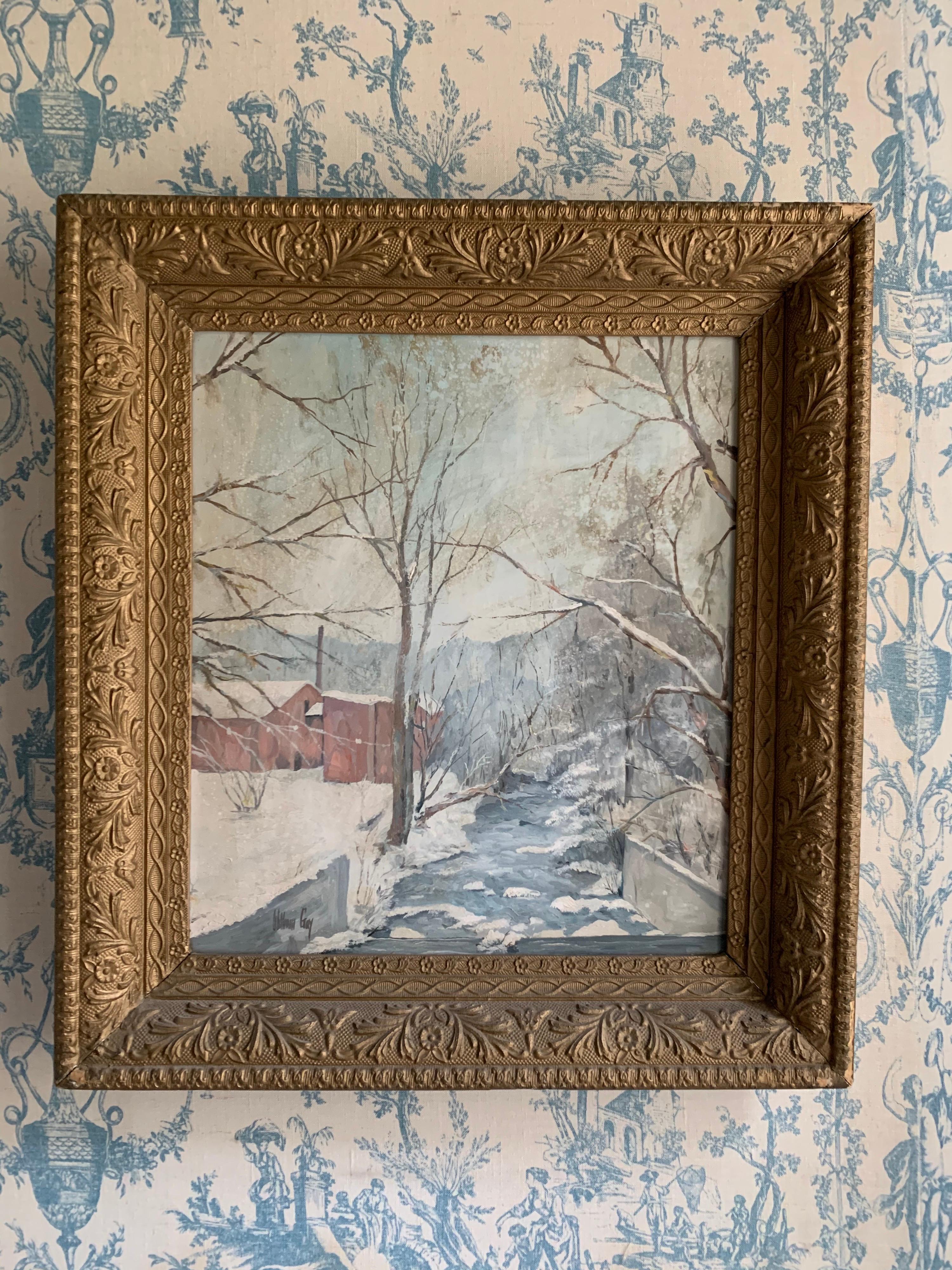 William Gay original winter scene in a gilt frame. Medium is oil on masonite. Now, more than ever, home is where the heart is.