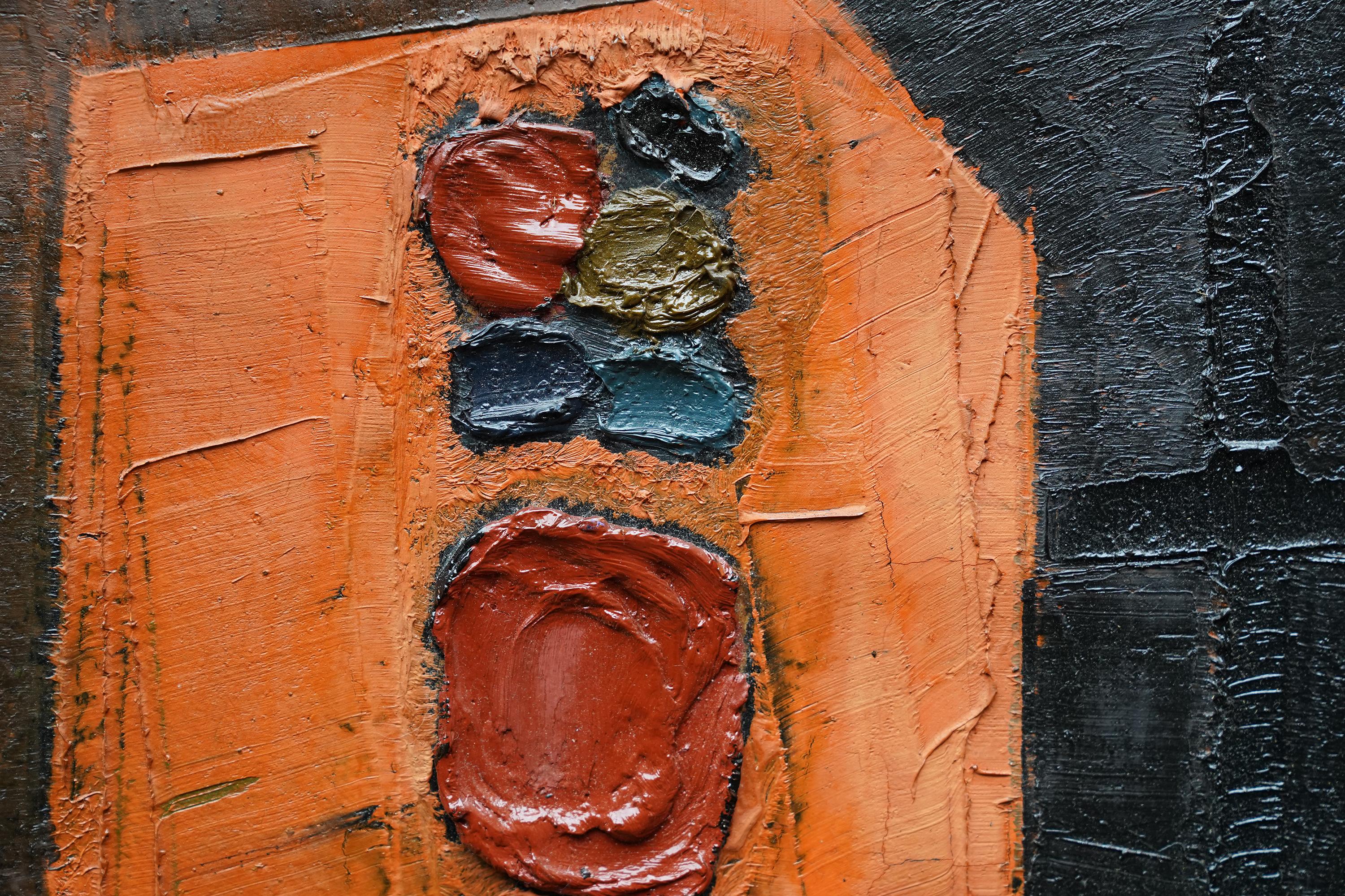 This superb Scottish abstract oil painting is by noted artist William Gear. It was painted in 1954, entitled Enigma 1 and is an orange geometric shape on a black background that blends into a black surround frame. Painted in blocks there is heavy