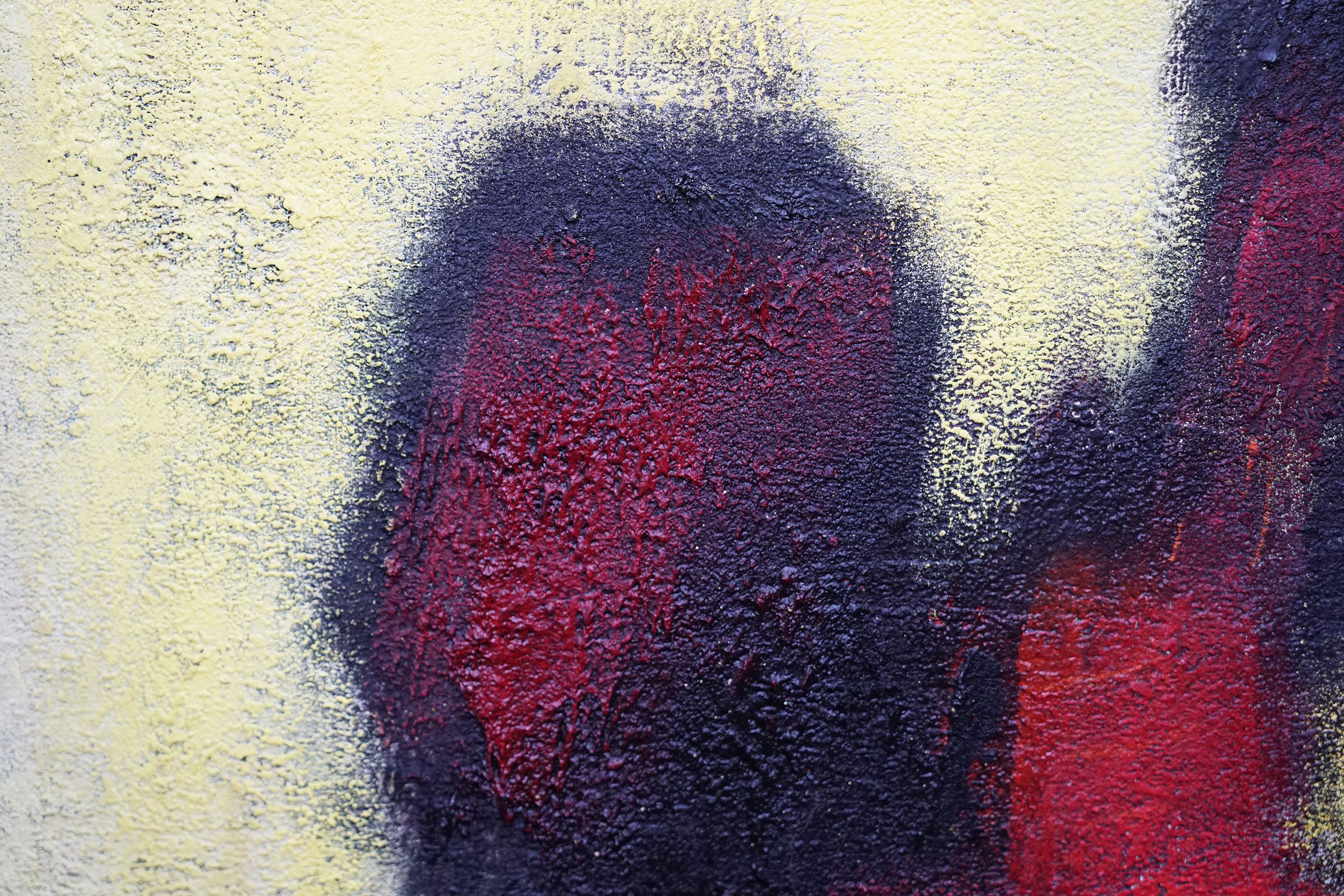 Este magnífico óleo escocés de Expresionismo Abstracto es obra del célebre artista William Gear. Fue pintado en 1959 y se titula Ídolo rojo 2. Esta composición abstracta está sobre un fondo amarillo vivo con rojo y negro, en un marco negro