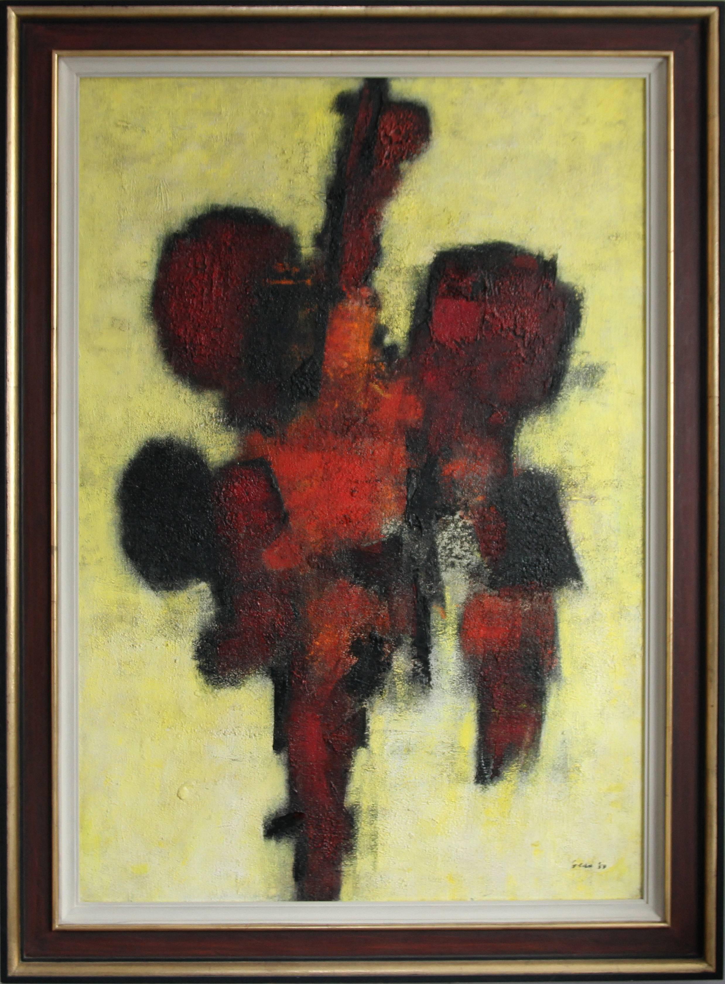 William Gear Abstract Painting - Red Idol - British 50's art abstract oil painting - Modernist COBRA - provenance