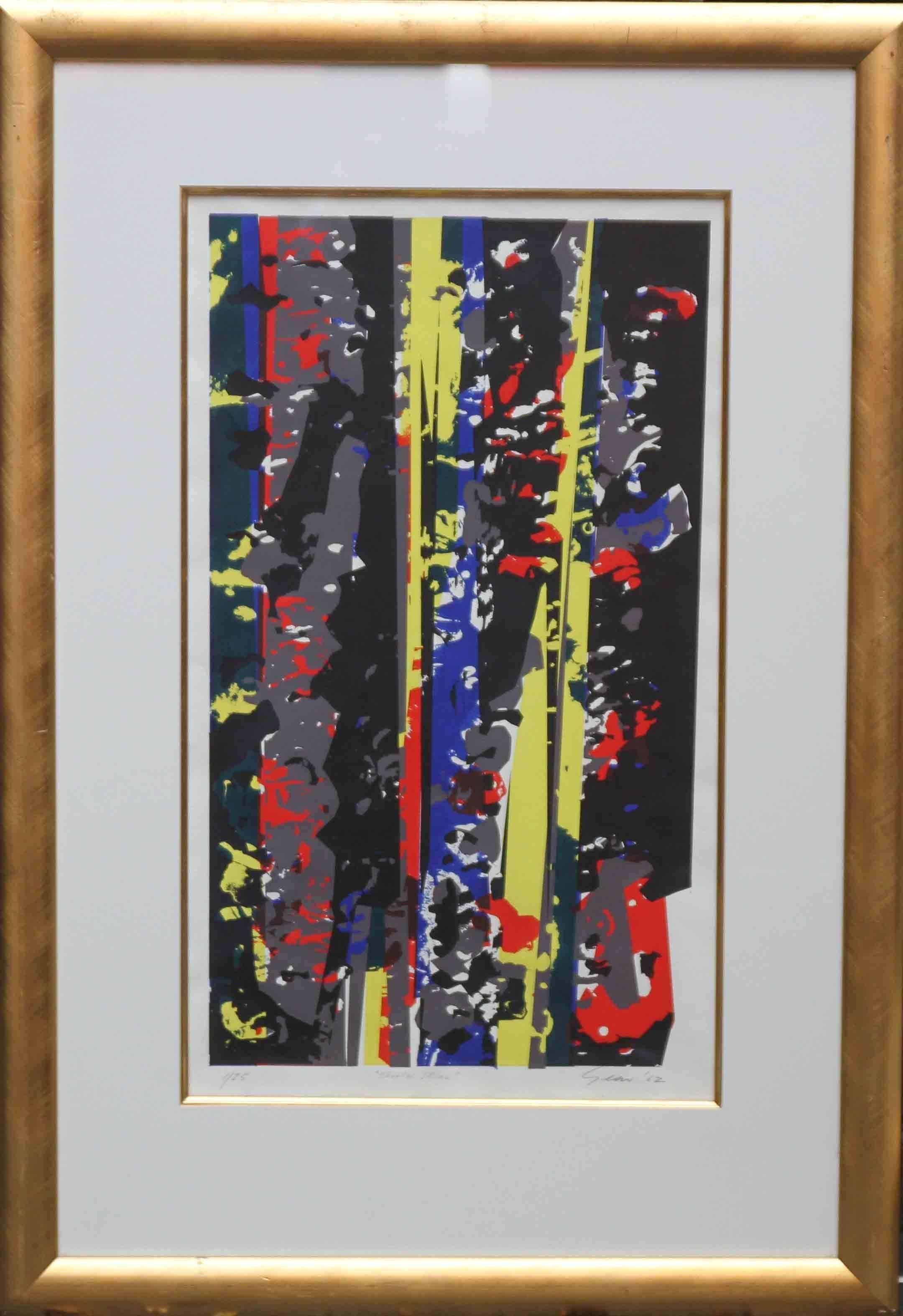 William Gear Abstract Print - Yellow Spike - British 60's Abstract art blue red grey COBRA Scottish artist