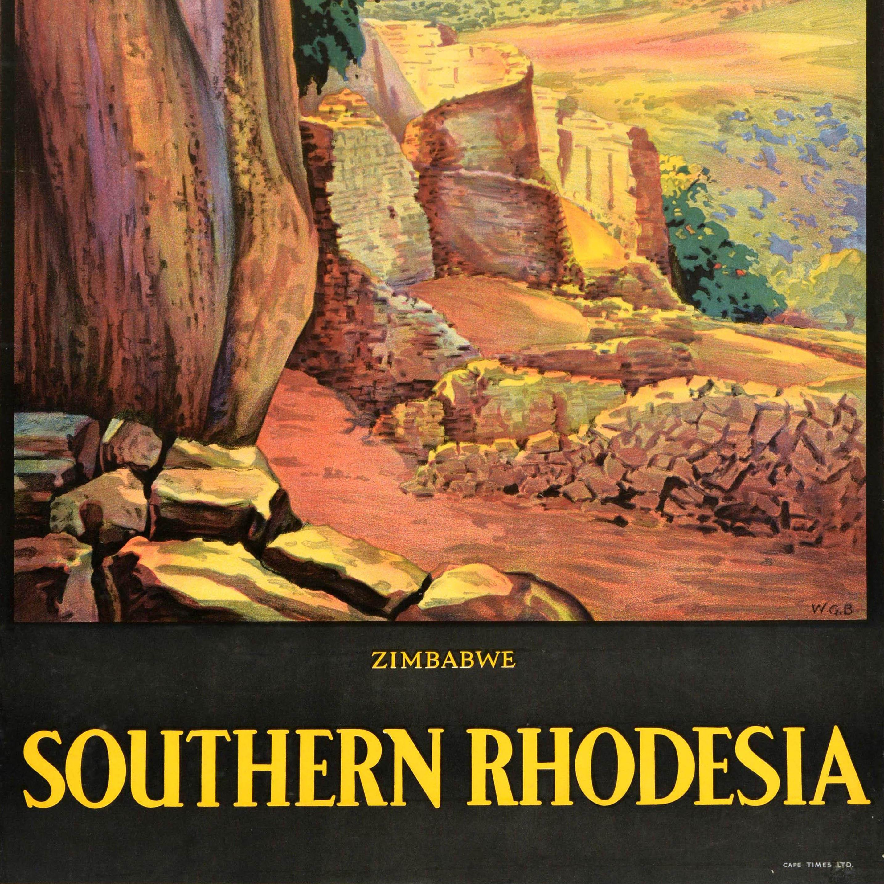 Original Vintage Afrika Reiseplakat für Simbabwe Südrhodesien mit einer atemberaubenden landschaftlichen Ansicht von William George Bevington (1881-1953) zeigt Felsen und die Ruinen der alten 11-15 Jahrhundert Stadt Steinmauern mit Bäumen und Hügeln