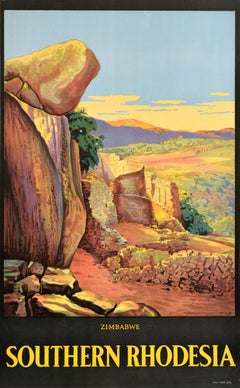 Affiche vintage originale de voyage en Afrique du Sud, Rhodesia, Zimbabwe, ancienne ville
