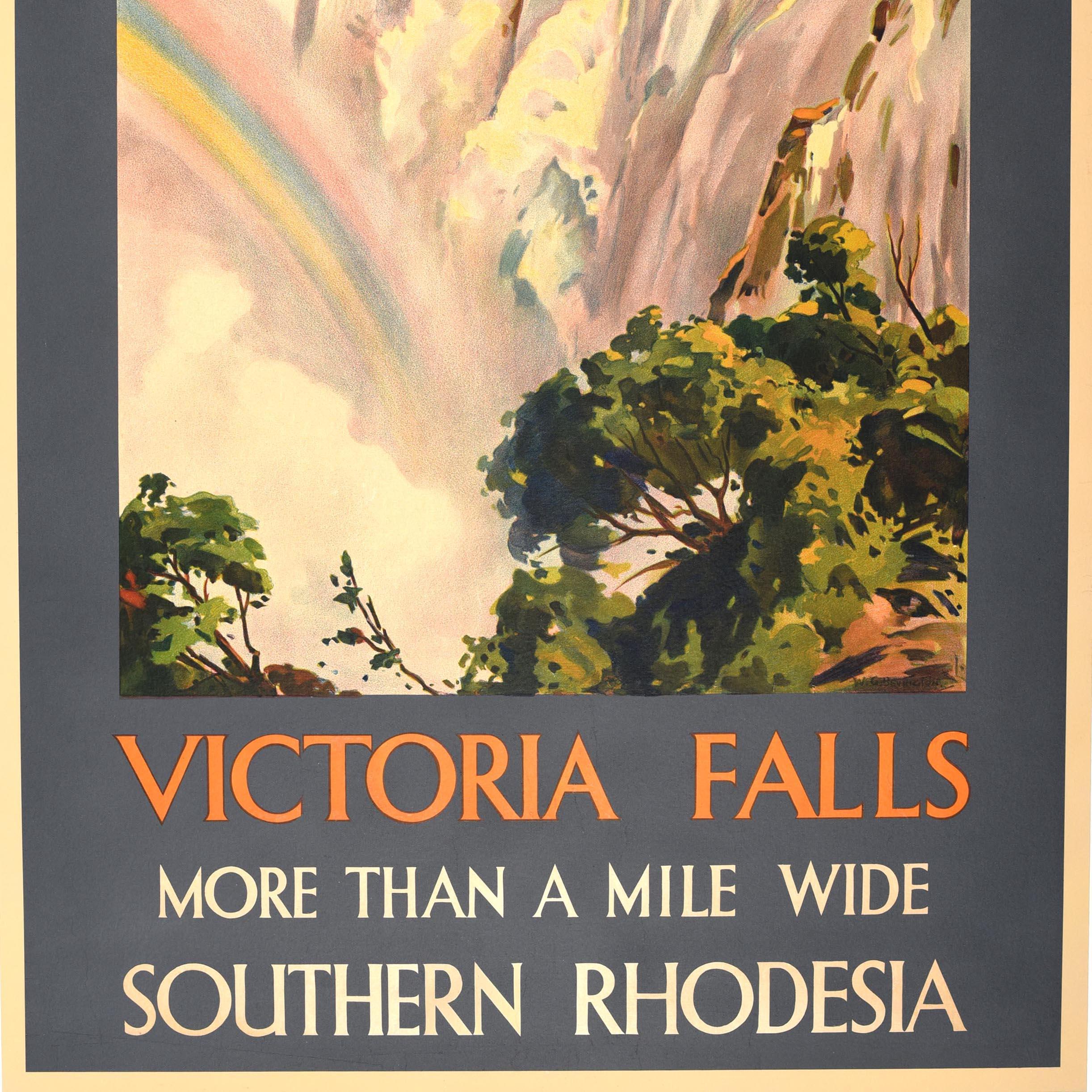 Poster di viaggio originale d'epoca - Victoria Falls more than a mile wide Southern Rhodesia - con un'opera d'arte scenografica di William George Bevington (1881-1953) che raffigura un arcobaleno che emerge dalle cascate alla base delle cascate